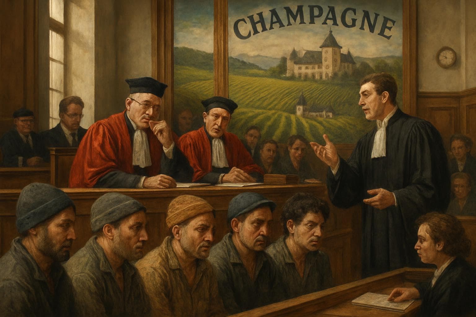 Courtroom scene in Reims, France during vineyard workers' trial