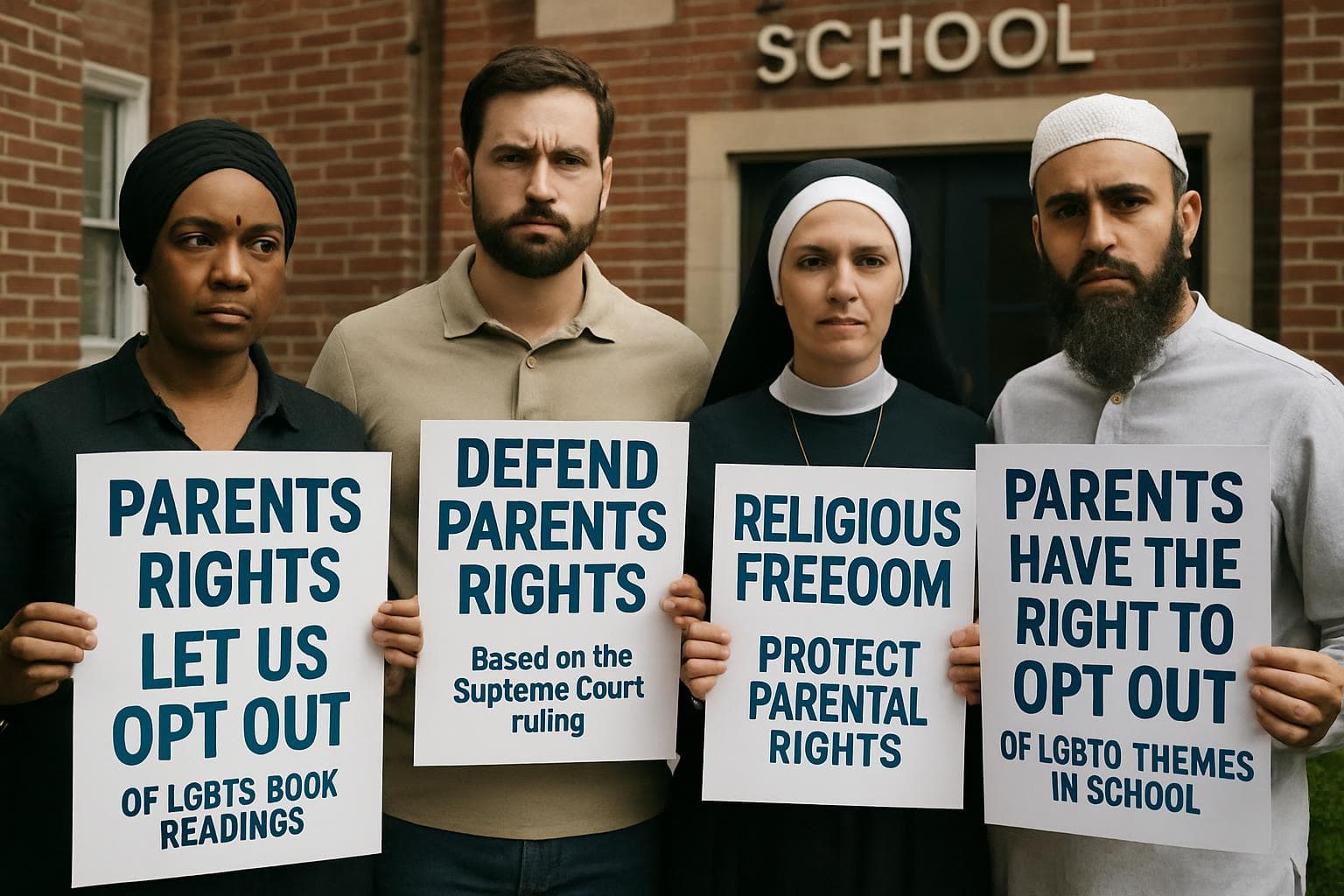 Diverse religious parents protesting outside a school