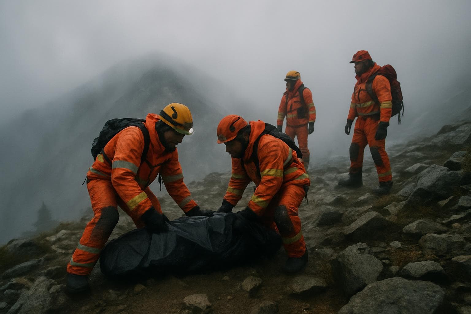 Rescue workers on a misty mountain peak recovering hikers