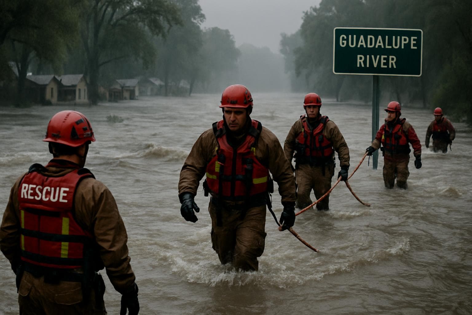 Rescuers searching floodwaters along the Guadalupe River in Texas