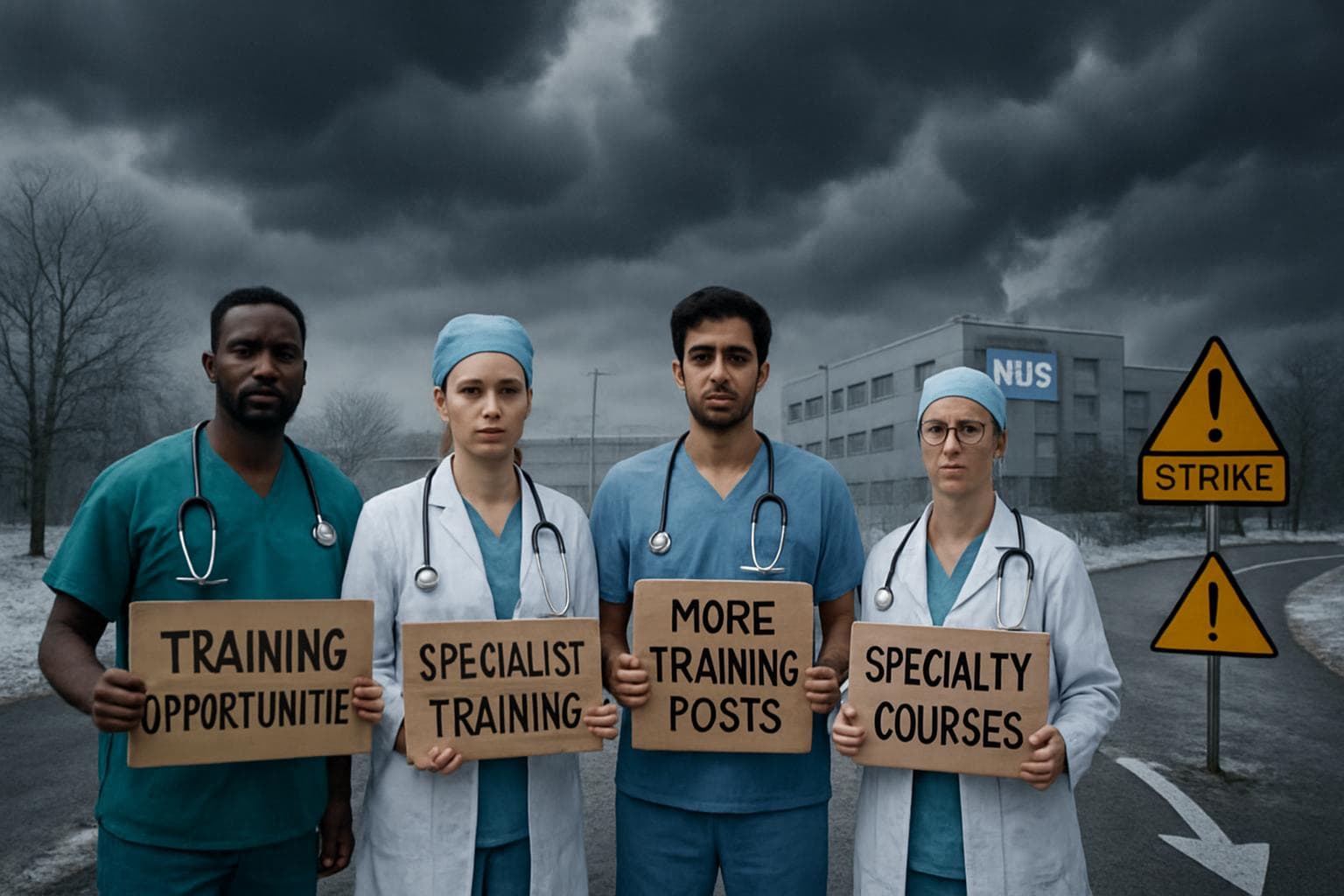 Resident doctors in medical attire at a crossroads with signs