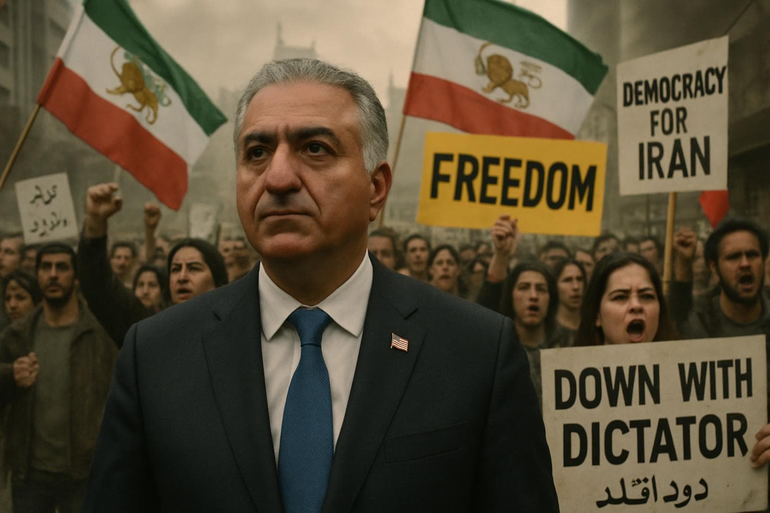 Reza Pahlavi standing with Iran unrest backdrop