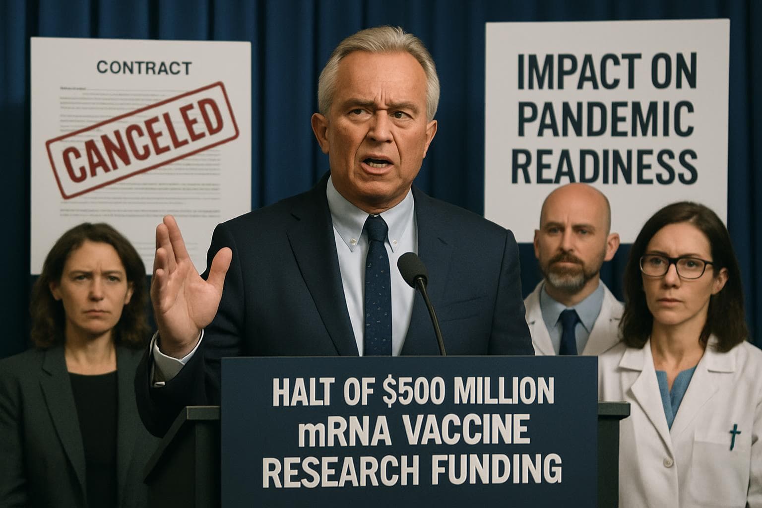 RFK Jr. at podium announcing halt to mRNA vaccine funding