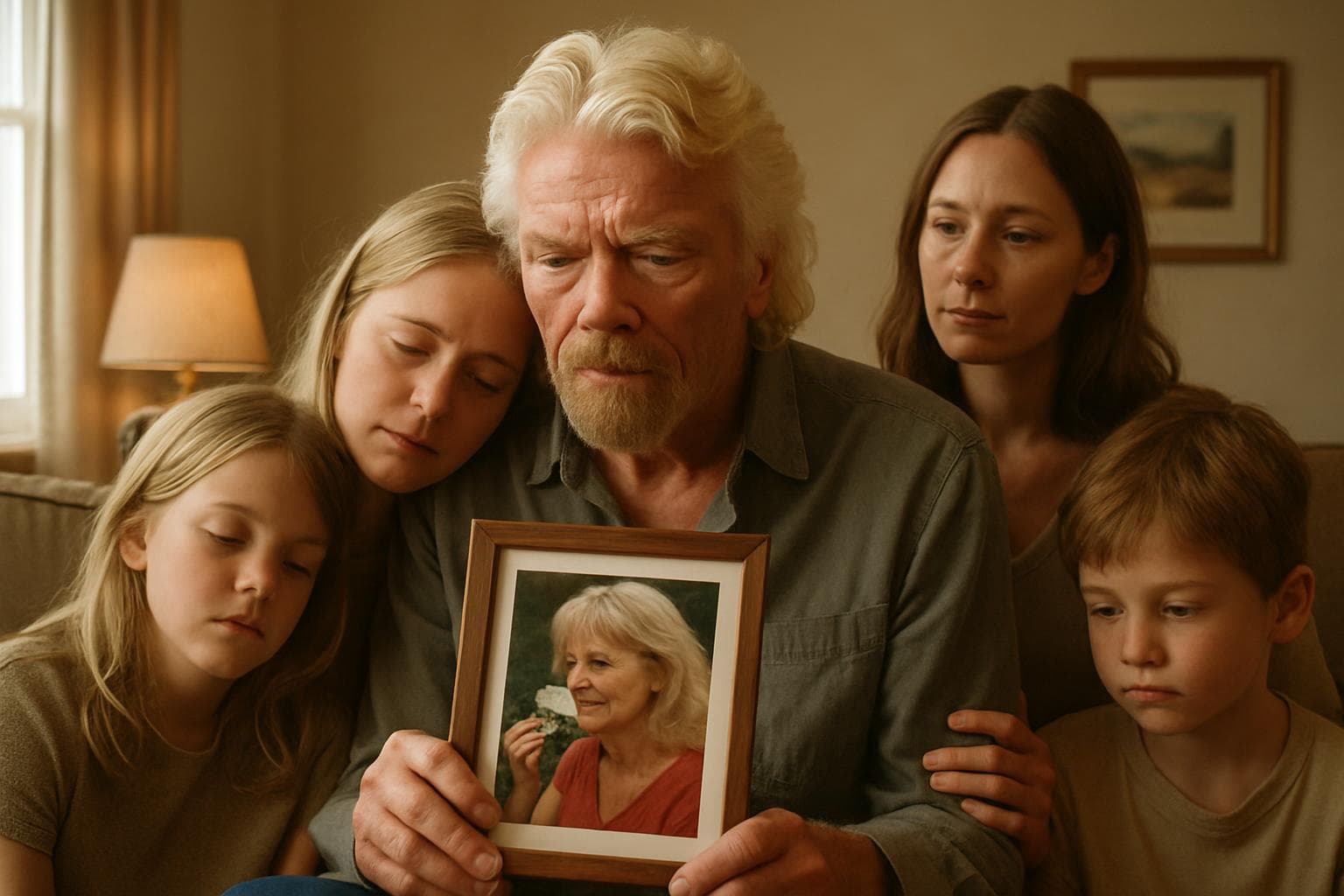 Richard Branson holding a photo of his late wife Joan Templeman