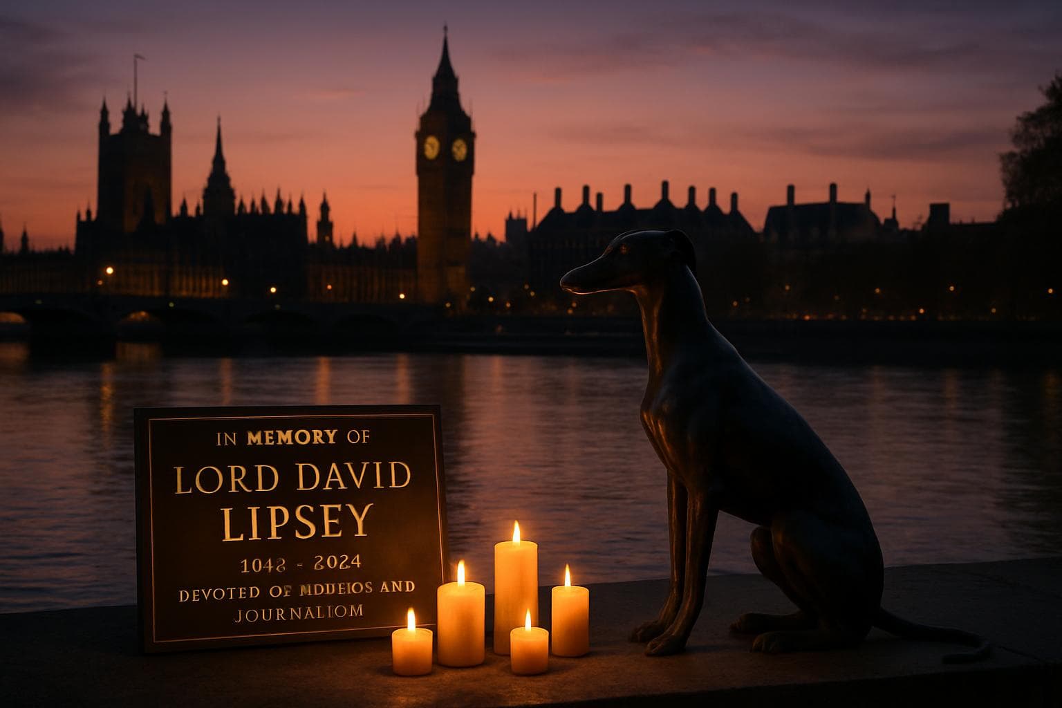 Riverside scene with Parliament silhouette and greyhound statue at dusk