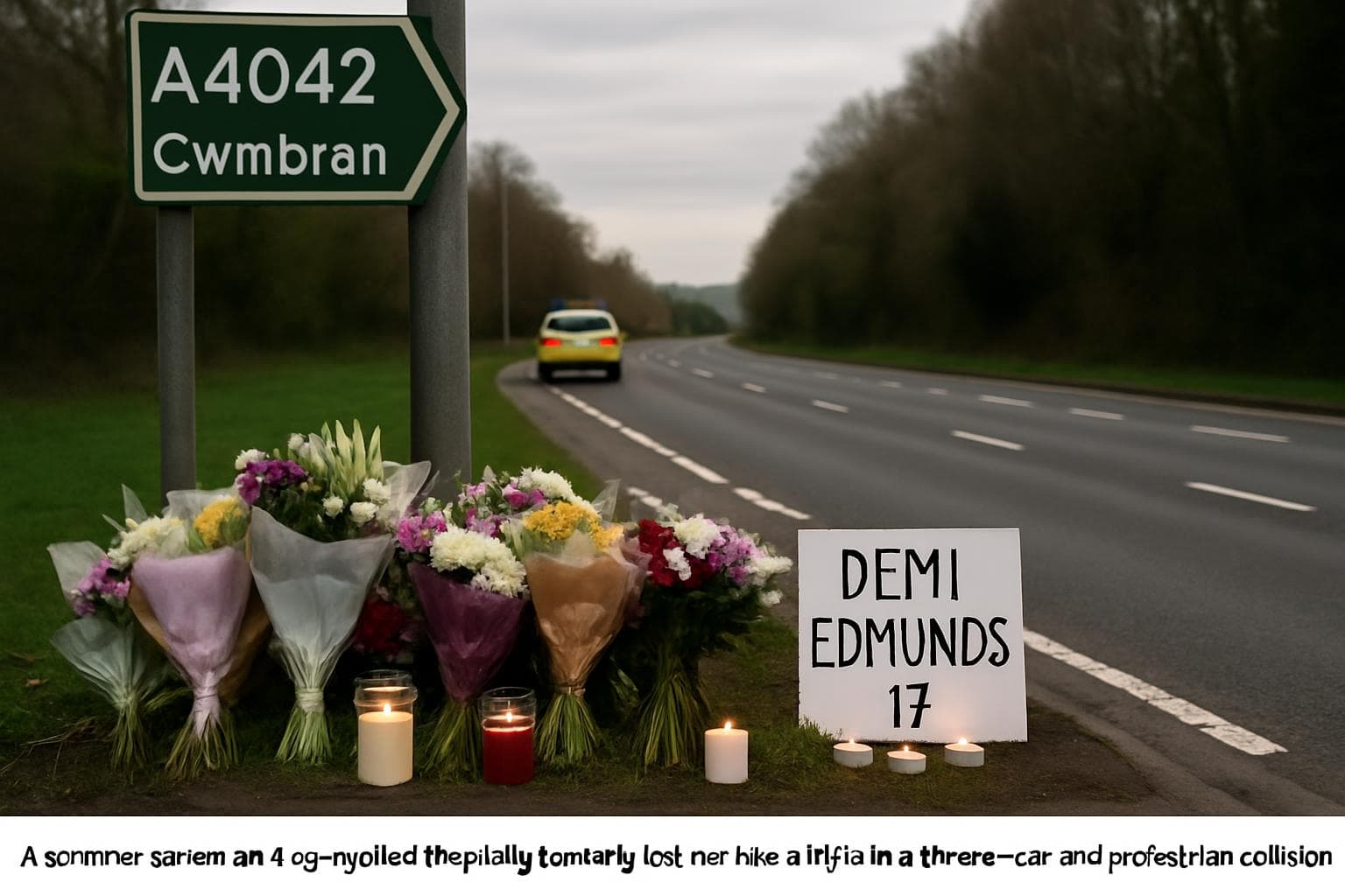 Roadside memorial with flowers and candles on A4042 in Cwmbran, Wales.