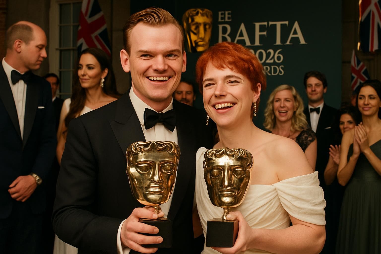 Robert Aramayo and Jessie Buckley celebrating at 2026 Bafta Awards
