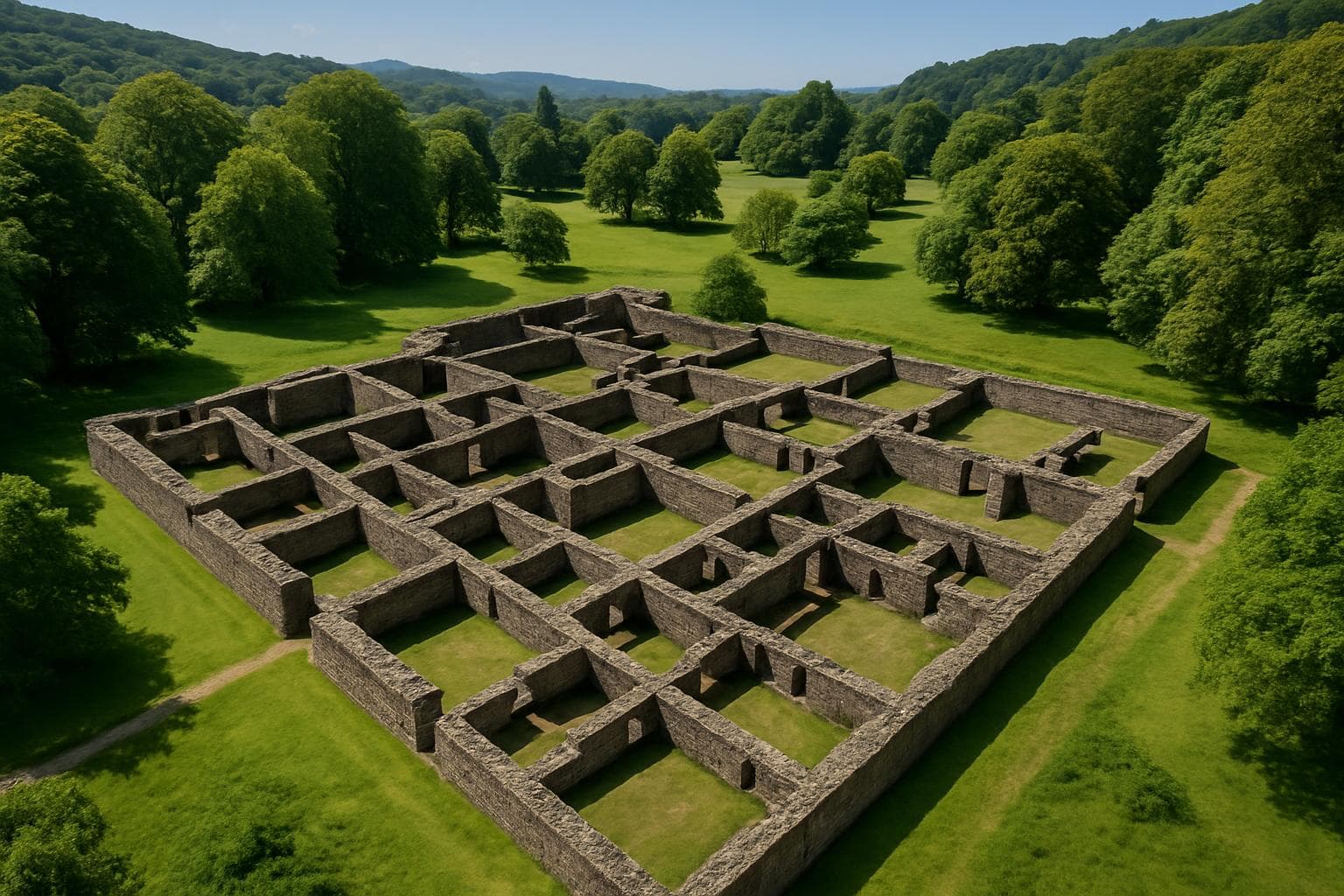 Aerial view of Roman villa in lush Margam Country Park, Wales