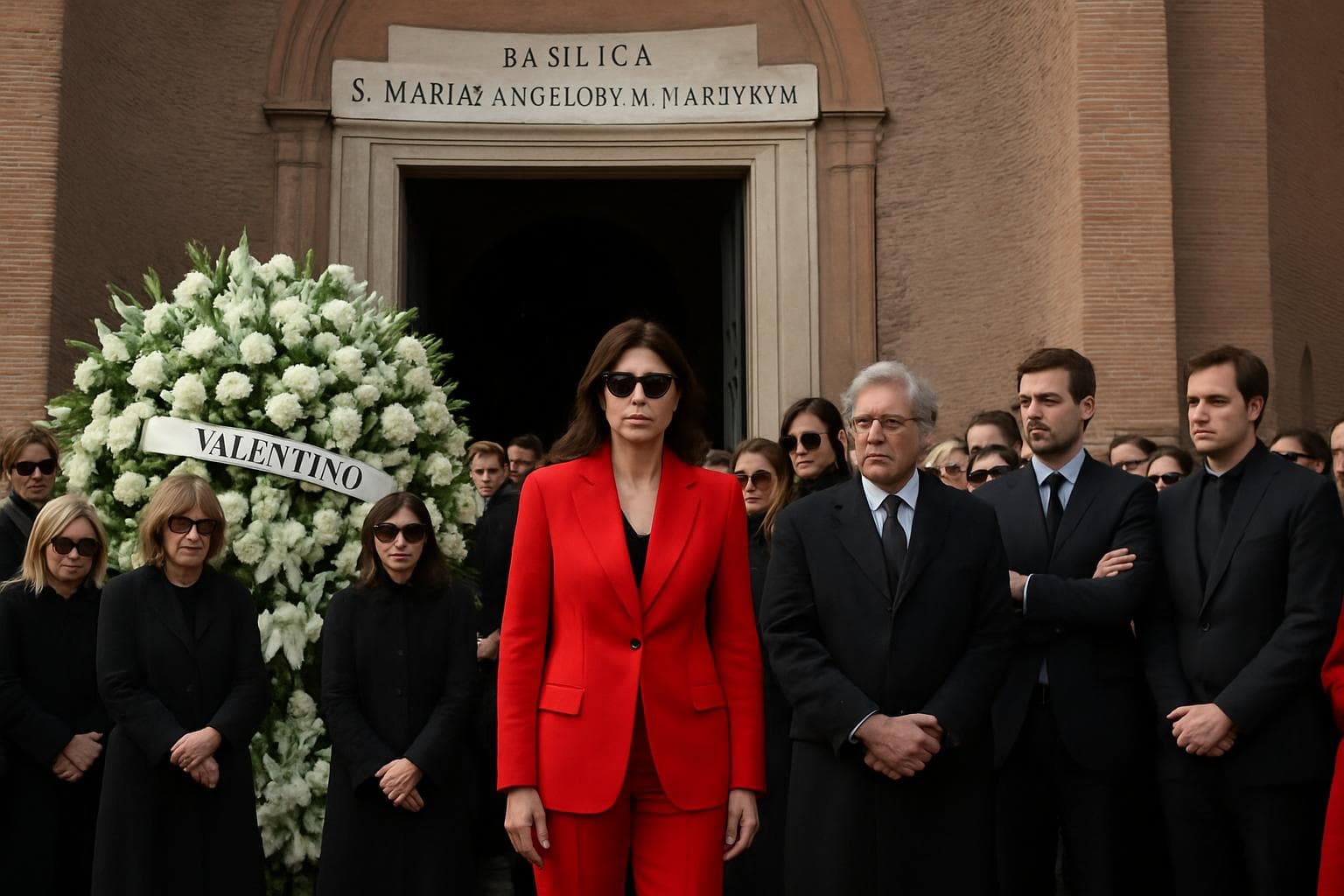 Mourners in black and red at Valentino Garavani memorial