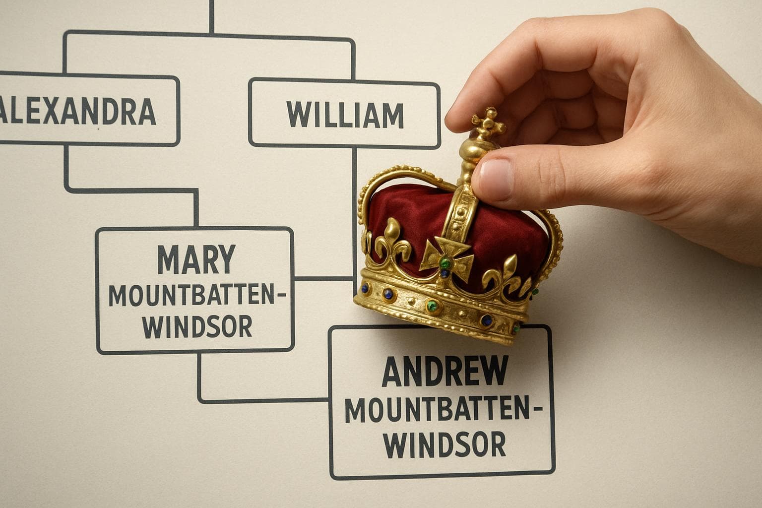 Royal crown being removed from a family tree diagram
