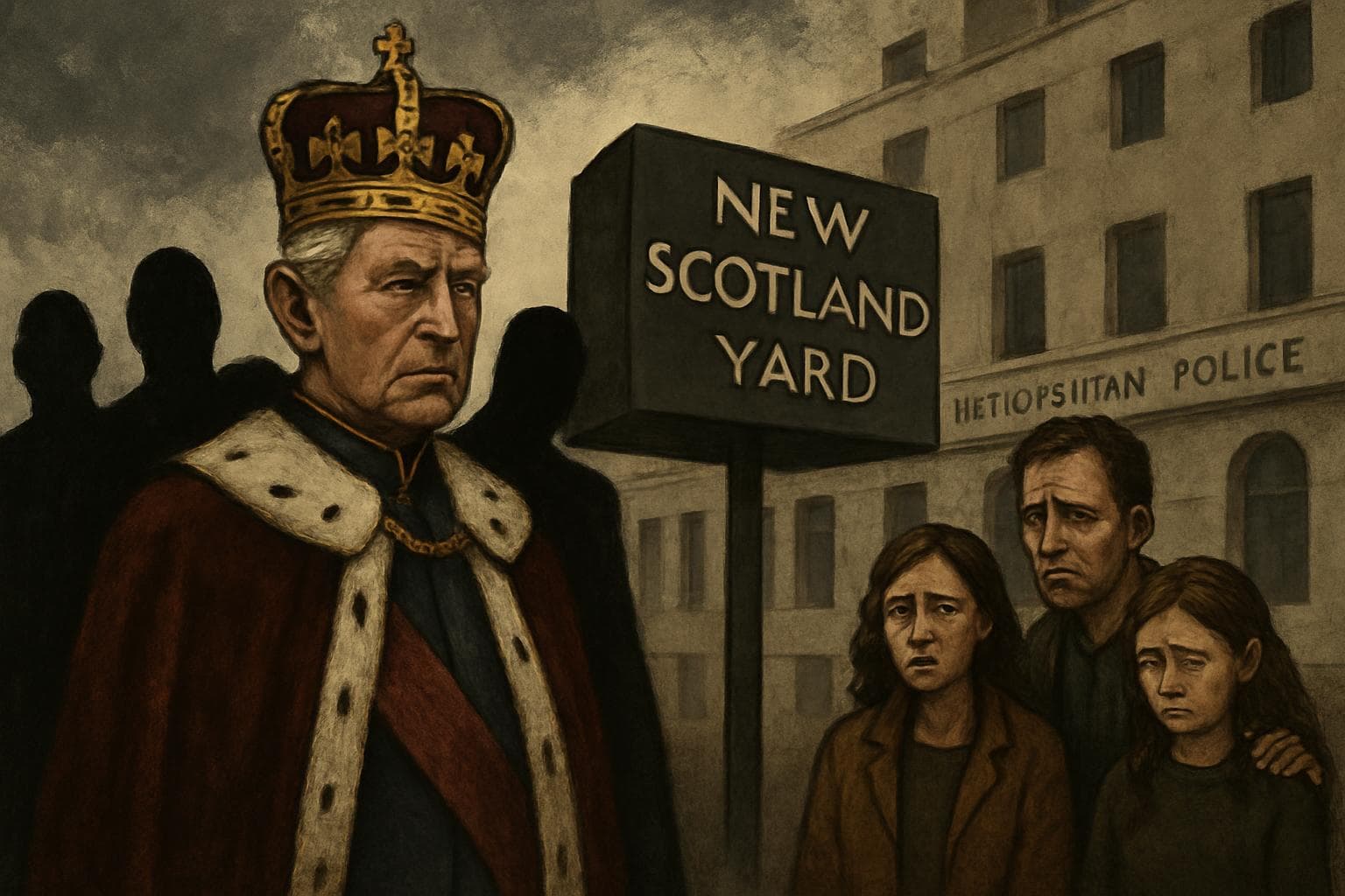 Royal figure in front of Metropolitan Police building with family