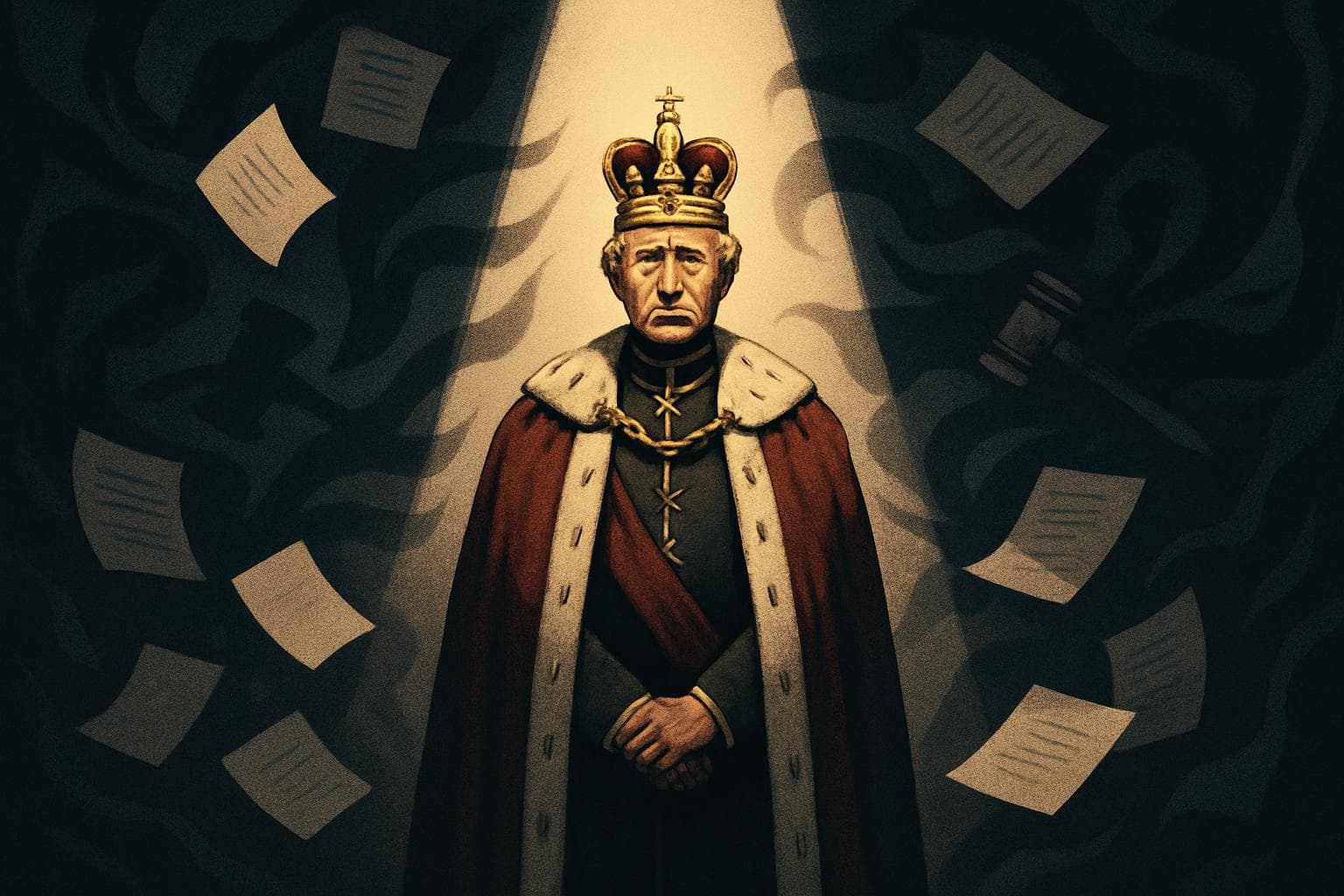 Royal figure in spotlight with documents and gavels