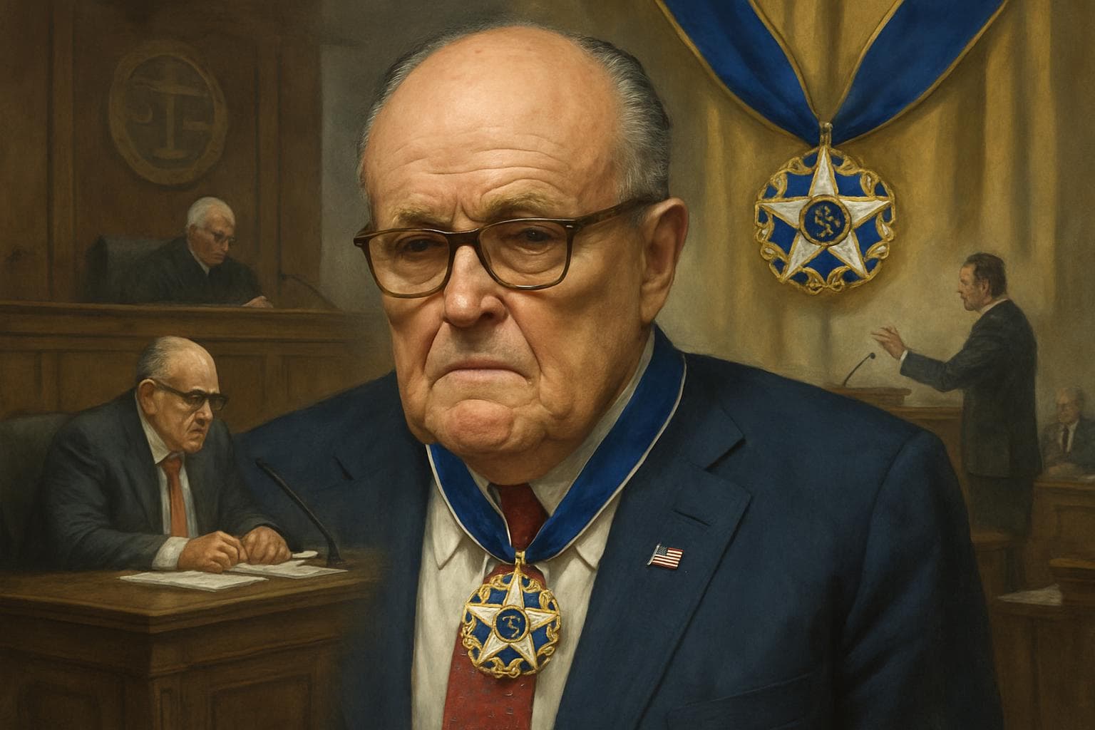 Rudy Giuliani with Presidential Medal of Freedom in courtroom