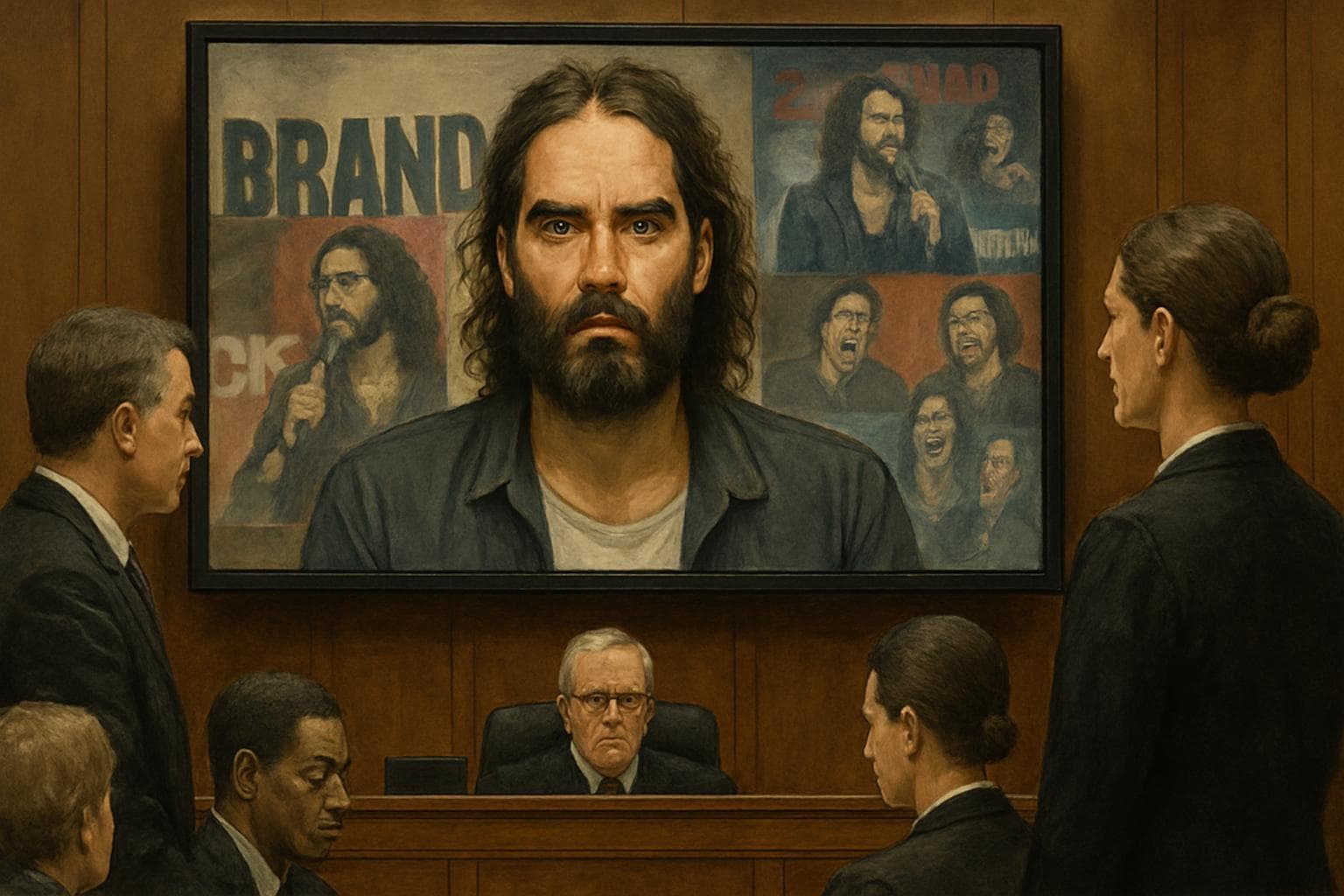 Russell Brand appearing via video link in a courtroom.