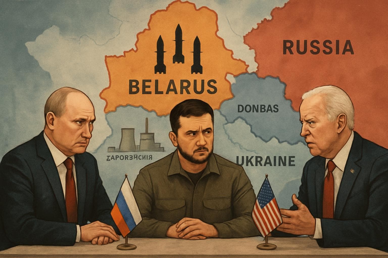 Russian, Ukrainian, and American leaders in peace talks with Donbas and Zaporizhzhia backdrop