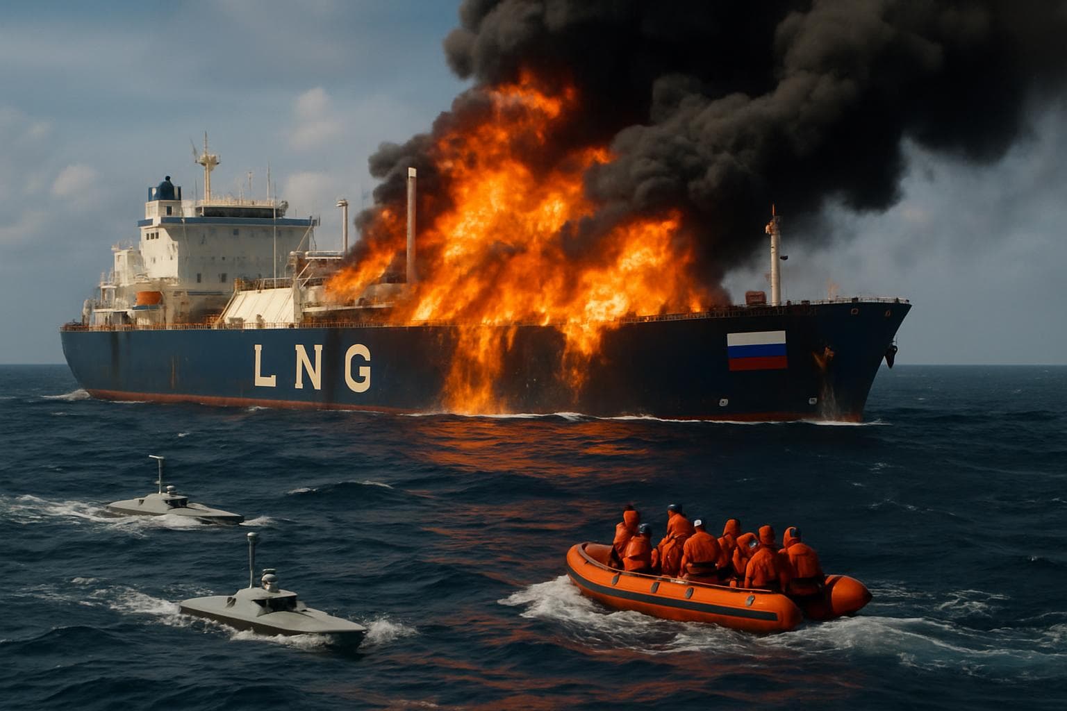 Russian LNG tanker on fire with naval drones and lifeboat