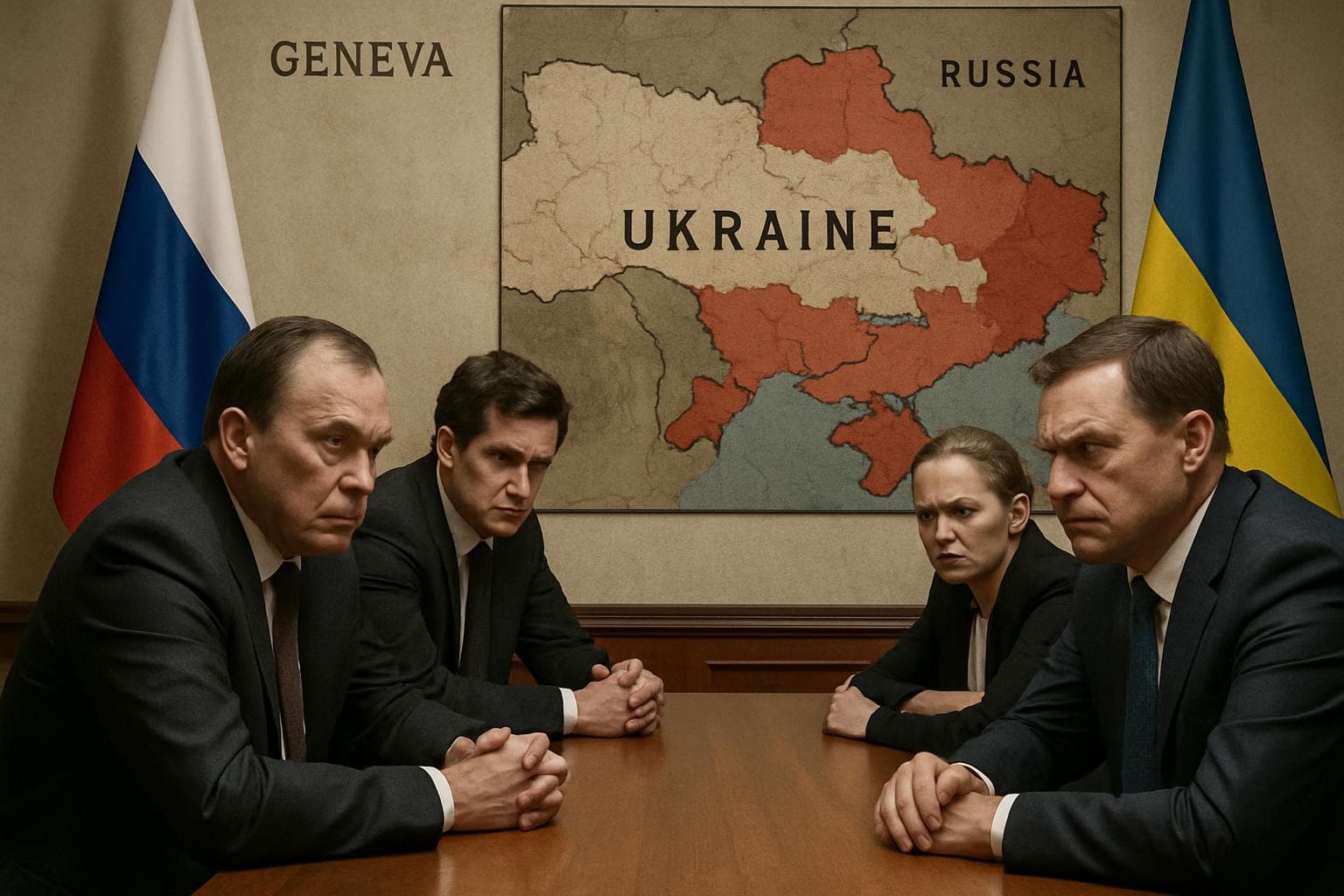 Russian and Ukrainian delegates at negotiation table in Geneva