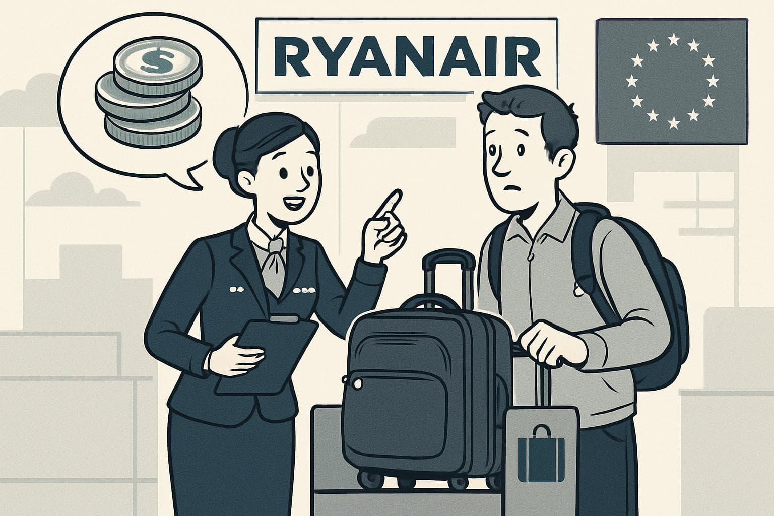 Ryanair staff checking passenger luggage size