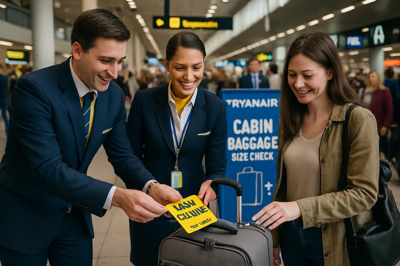Ryanair staff tagging large cabin bags at airport terminal.