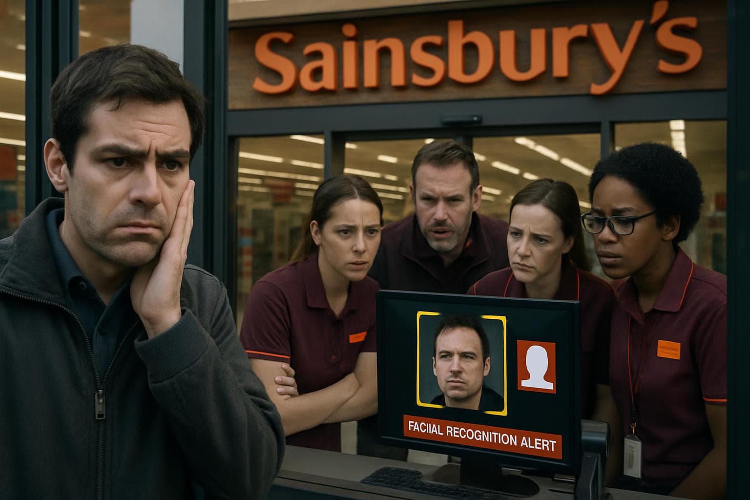 Worried man outside Sainsburys with staff discussing alert