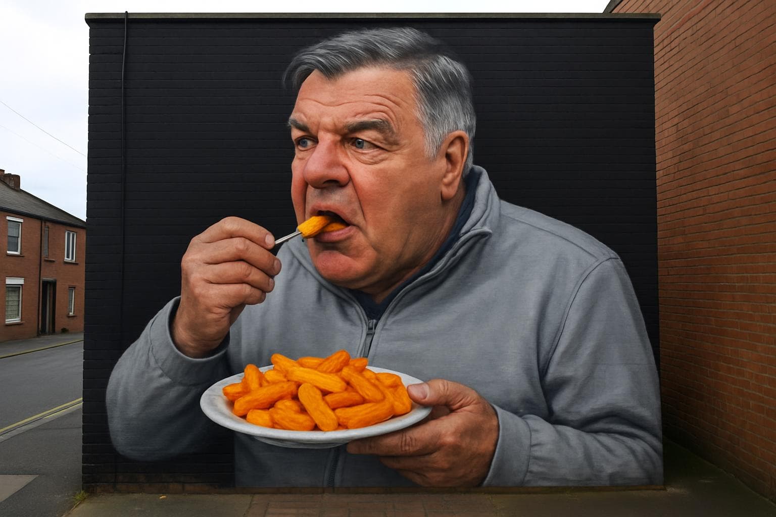 Mural of Sam Allardyce eating orange chips in Dudley
