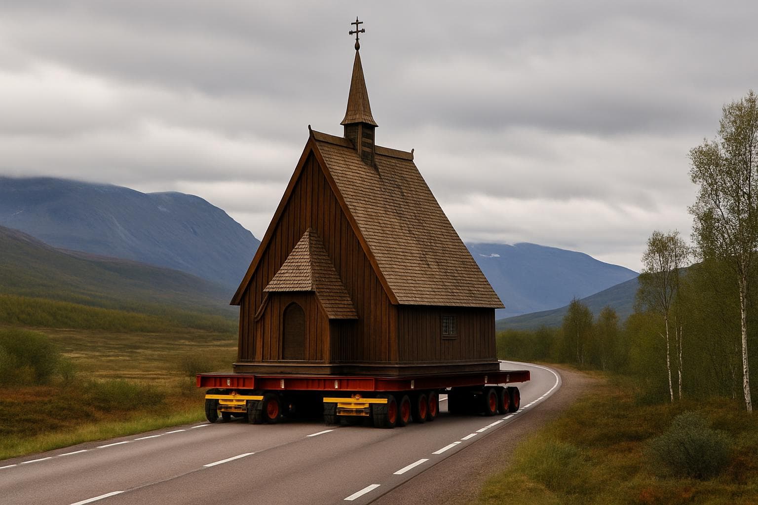 Sámi church on platforms moving through Swedish landscape