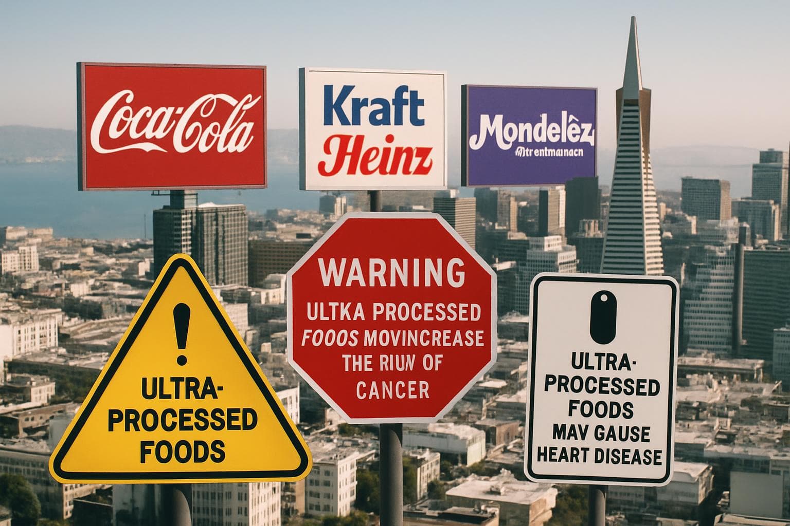 San Francisco skyline with food logos and health warning signs