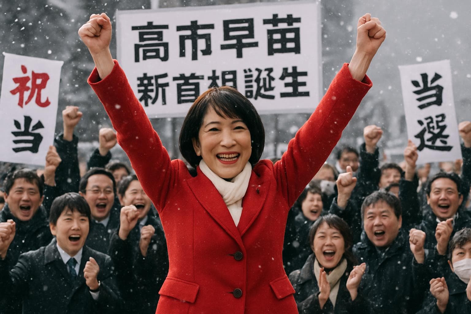 Sanae Takaichi celebrating with supporters on snowy election day