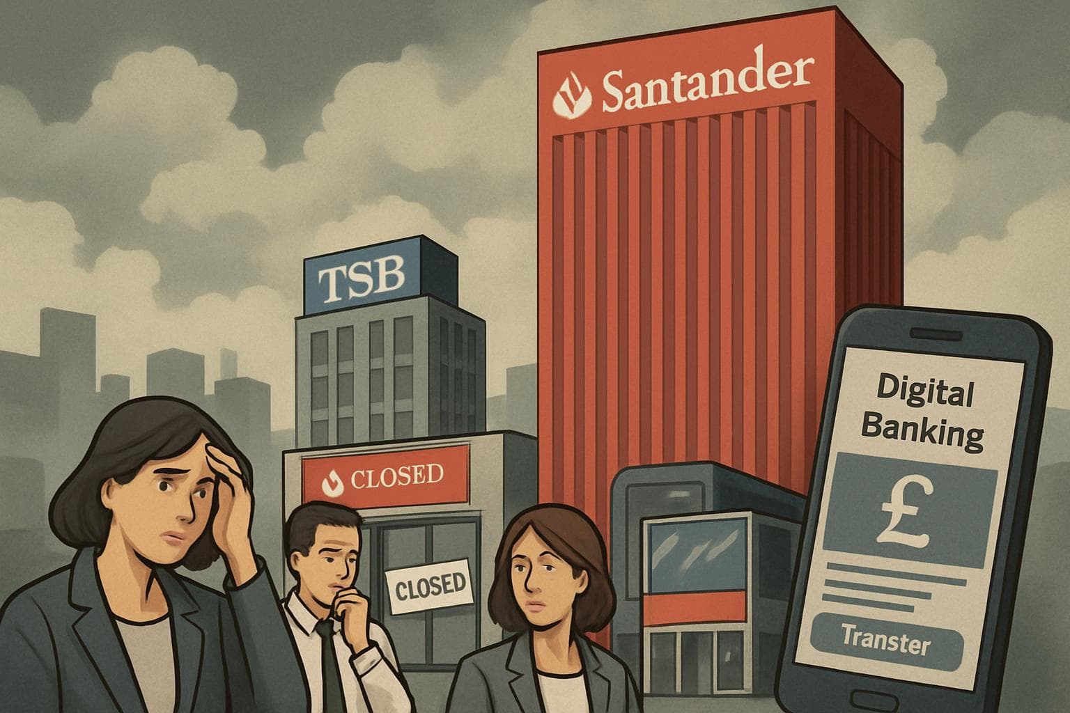 Santander and TSB buildings with employees and digital screens