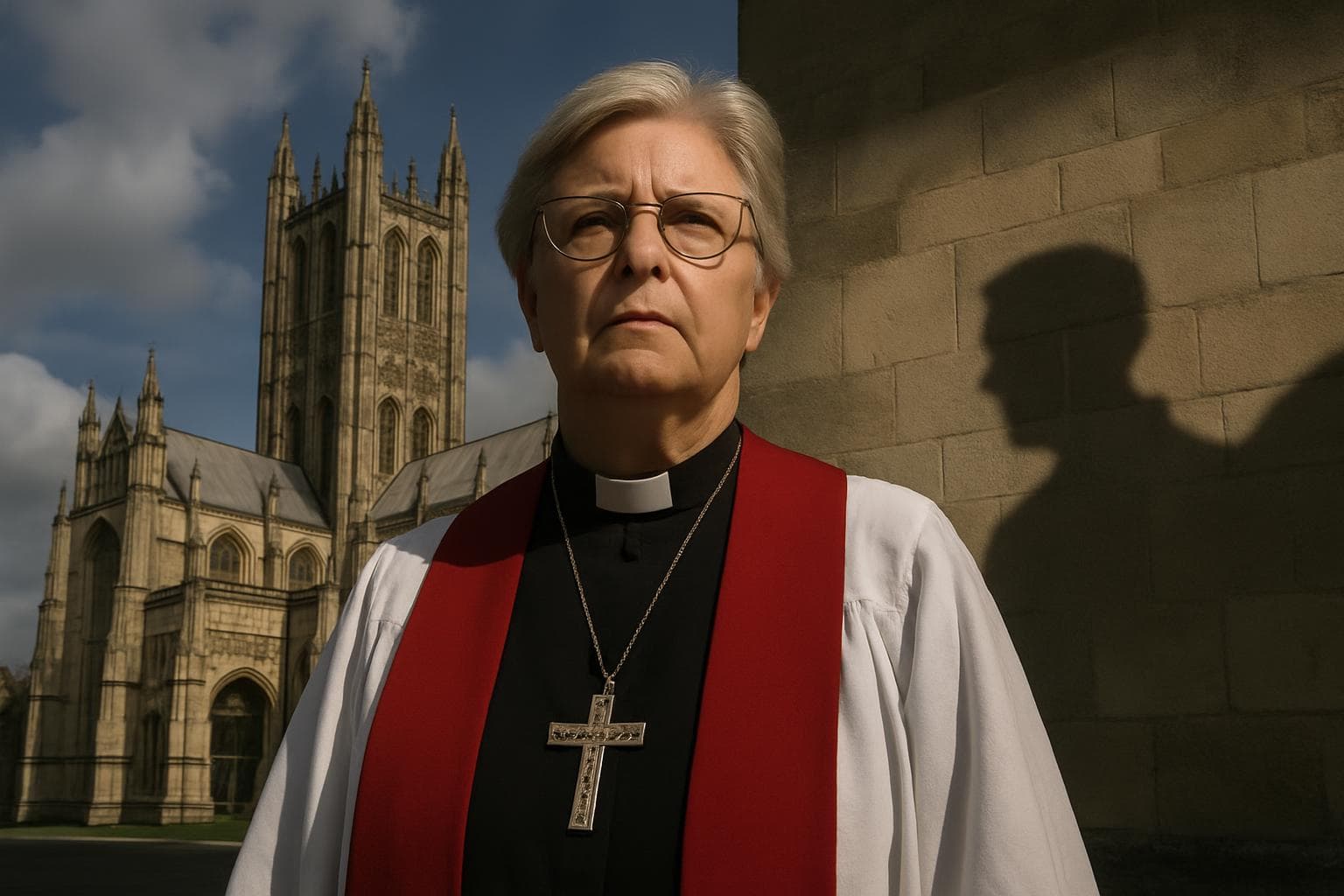 Dame Sarah Mullally standing in front of Canterbury Cathedral