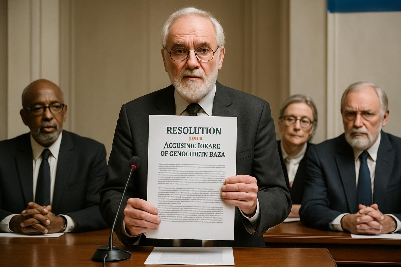 Scholars in formal meeting discussing a resolution document