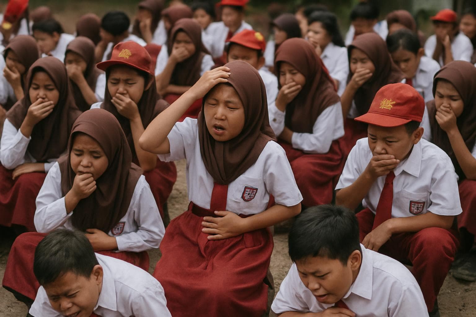 School children in Sragen appearing sick after eating