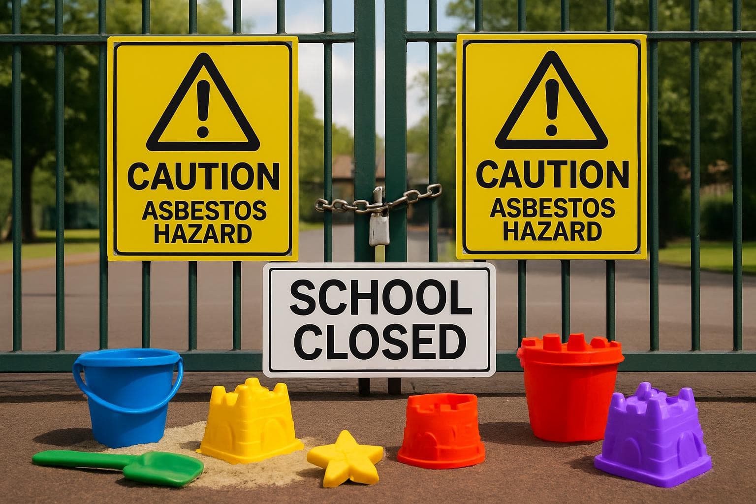Closed school gates with caution signs and sandcastle toys