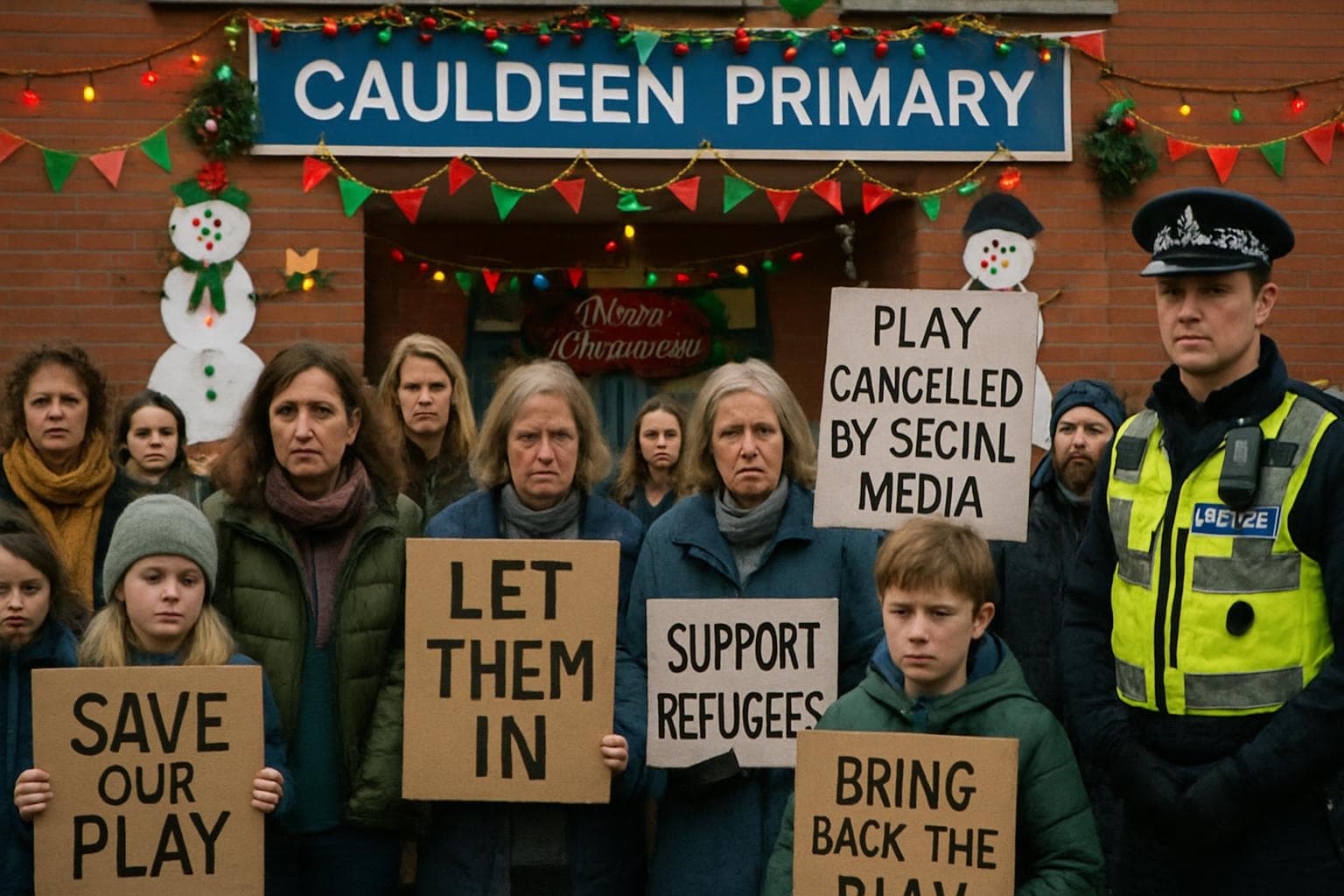 School community protesting outside Cauldeen Primary with festive decorations