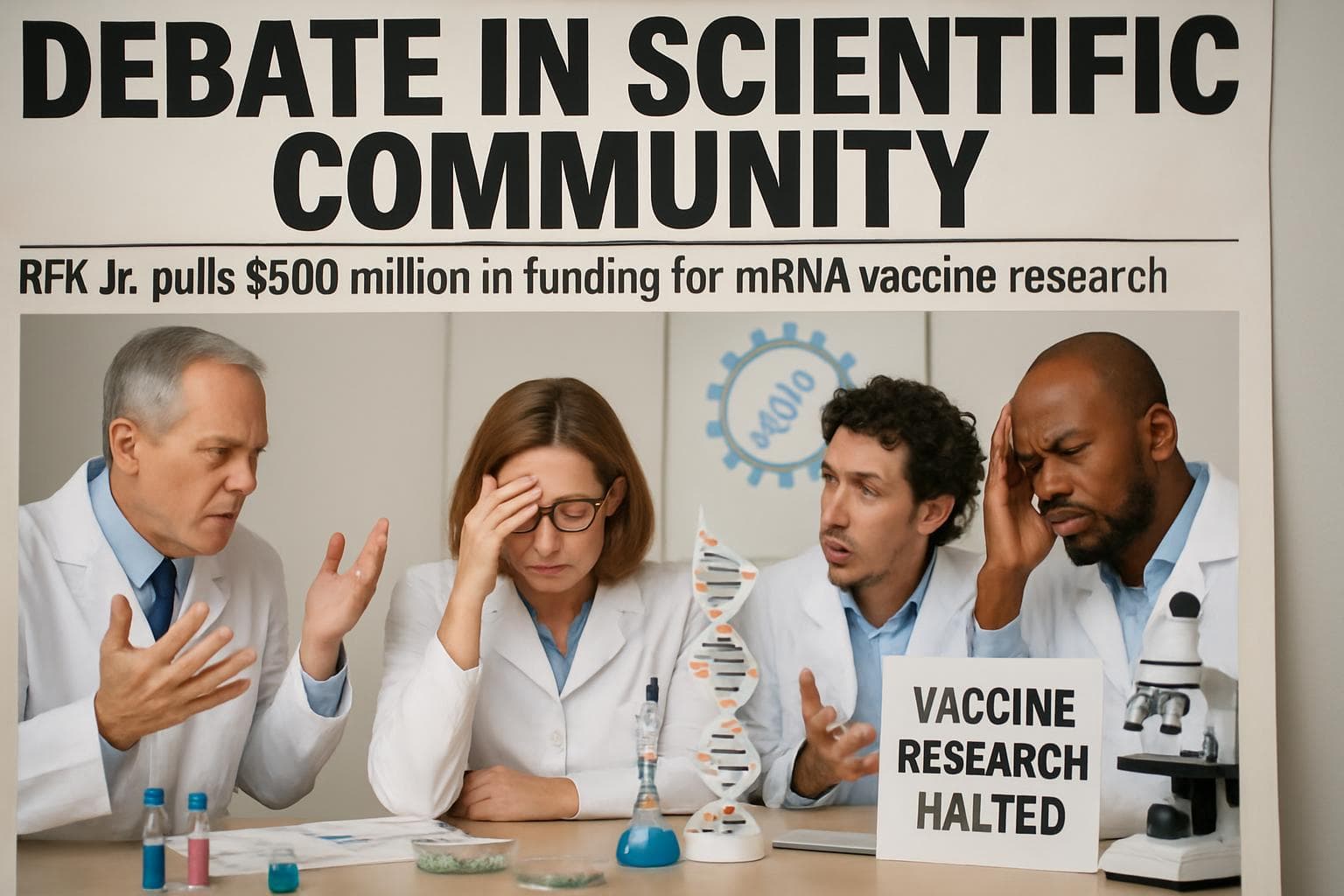 Frustrated scientists discussing halted mRNA vaccine projects