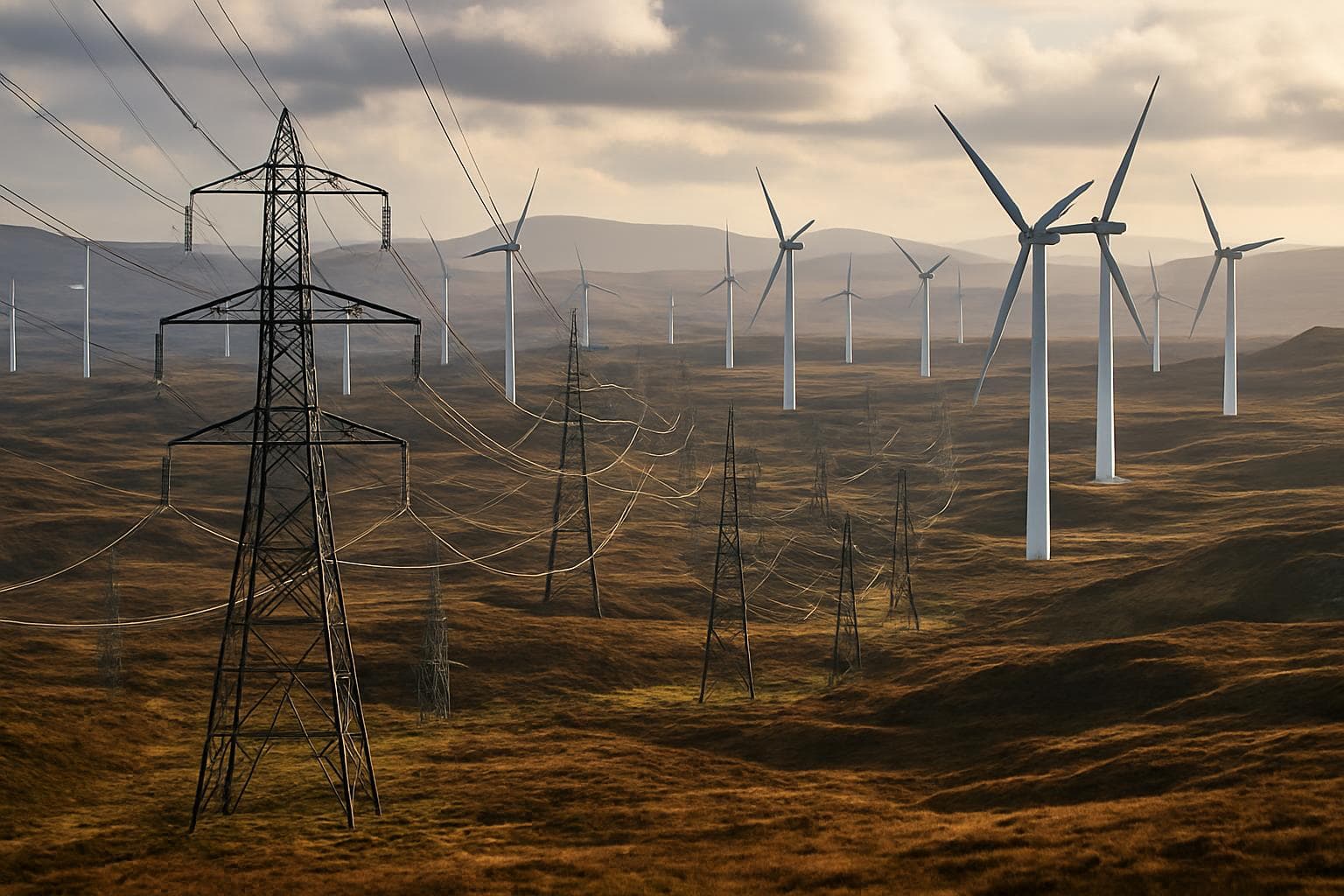 High-voltage power lines and wind turbines in Scotland
