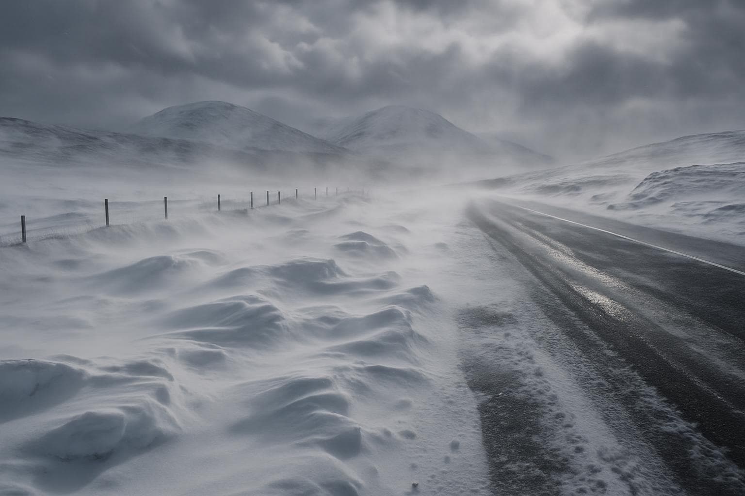 Snow-covered landscape in northern Scotland with cloudy skies