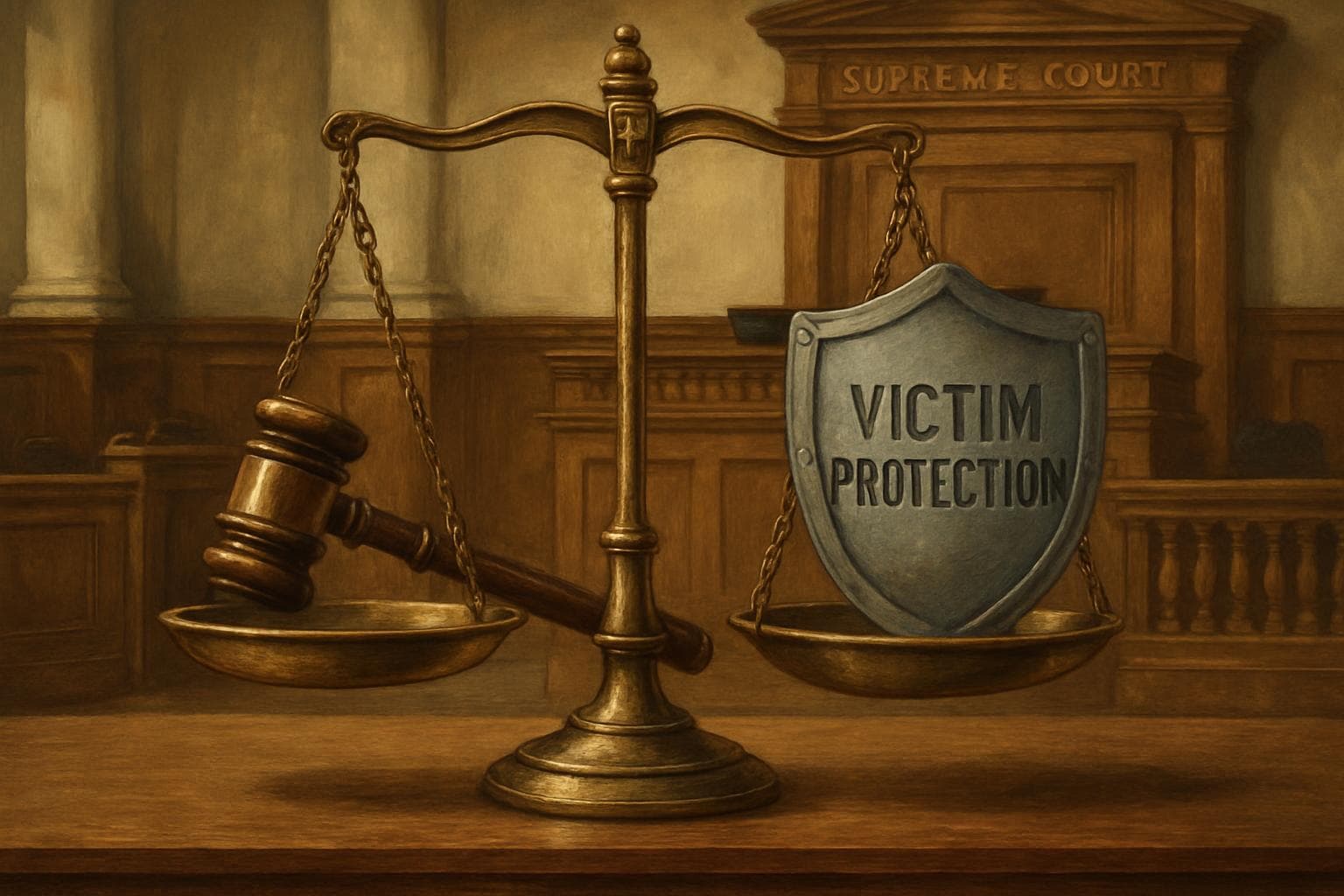 Scottish courtroom scene with a scale balancing a gavel and a shield labeled 'Victim Protection'.