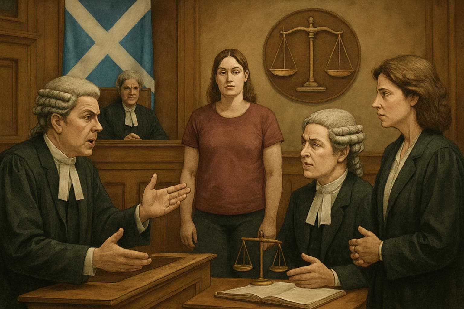 Scottish legal figures debating in a courtroom
