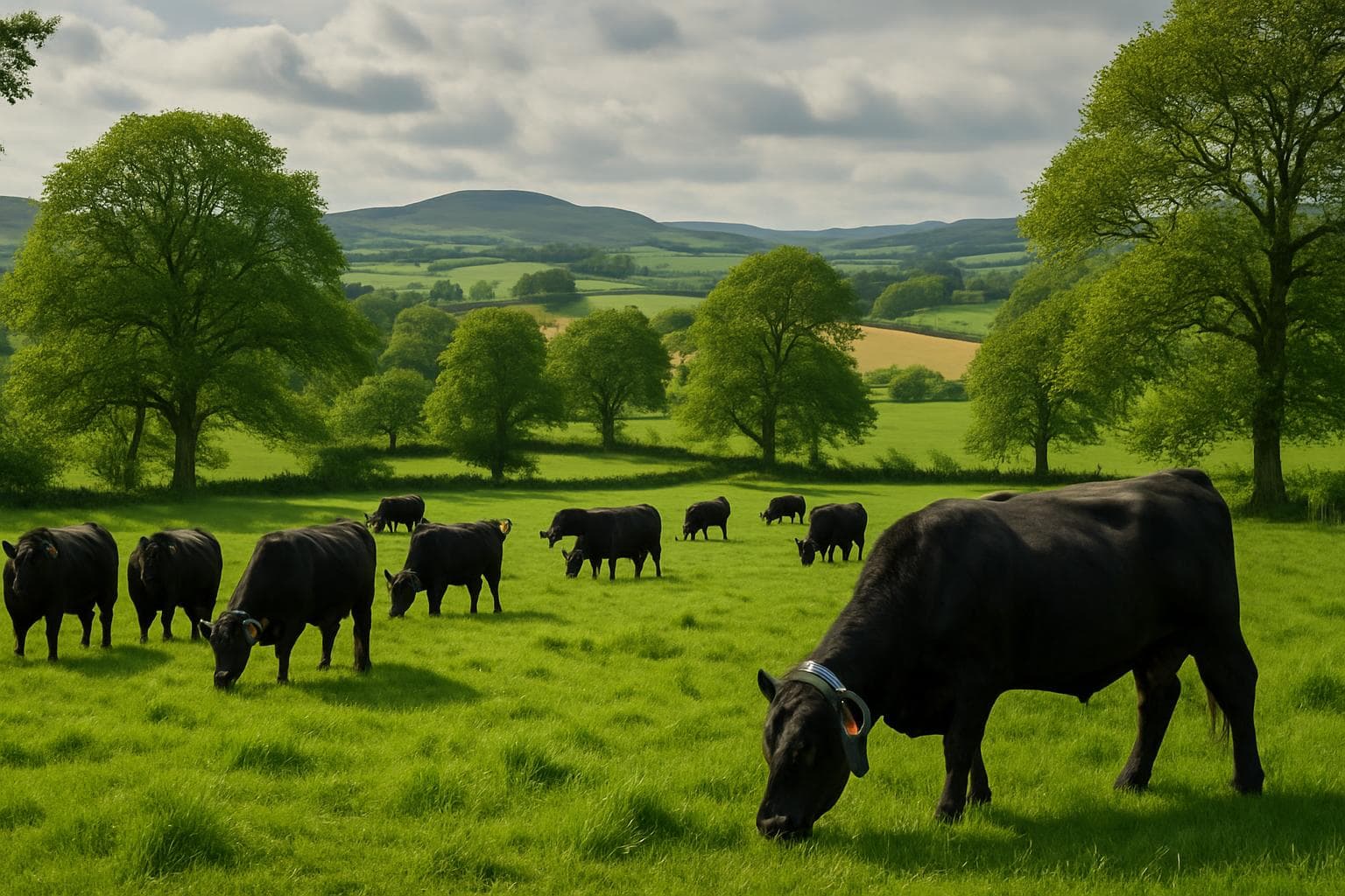 Aberdeen Angus cattle grazing on a Scottish farm in Fife