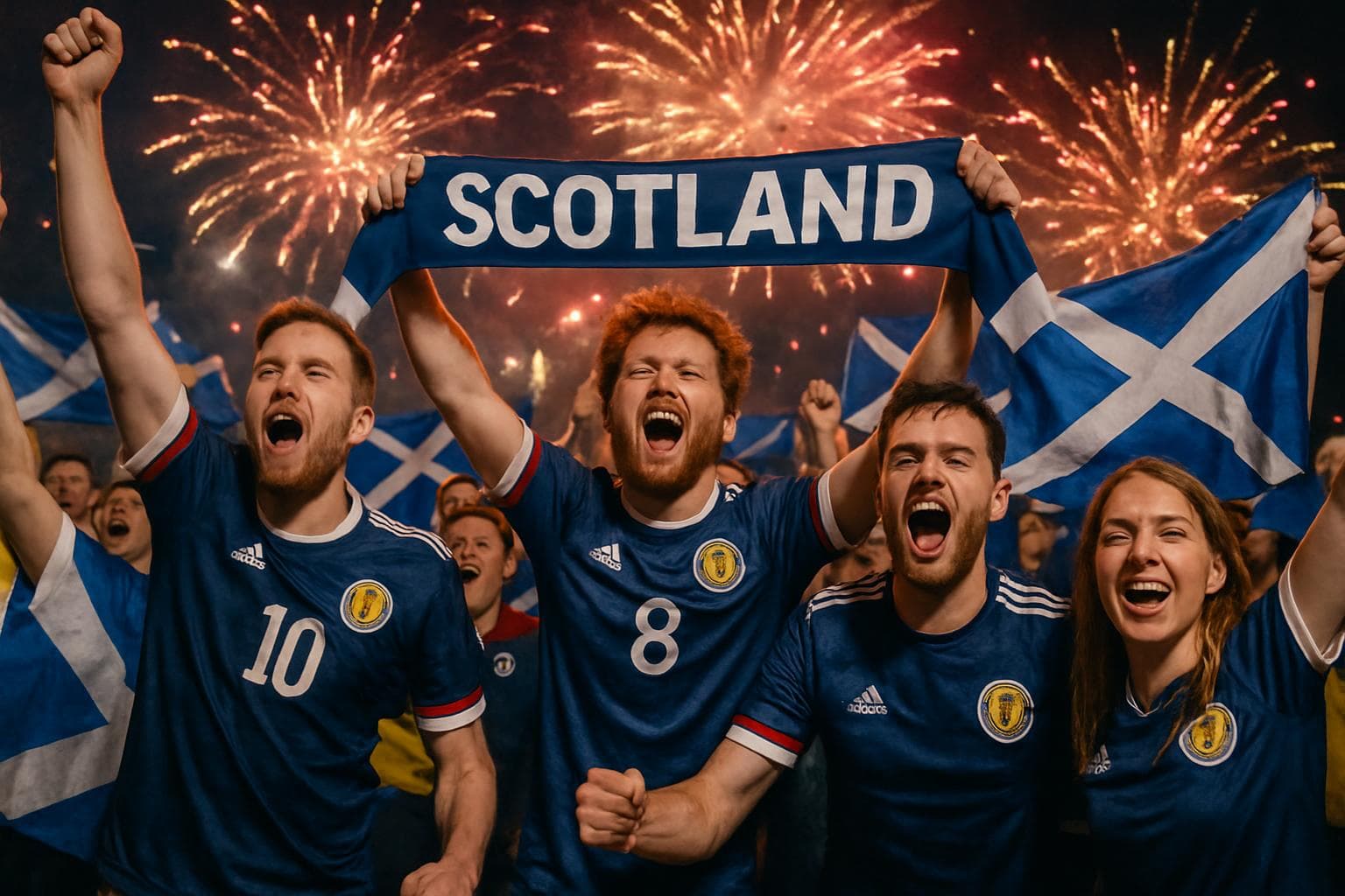 Scottish football fans celebrating with flags and jerseys at night