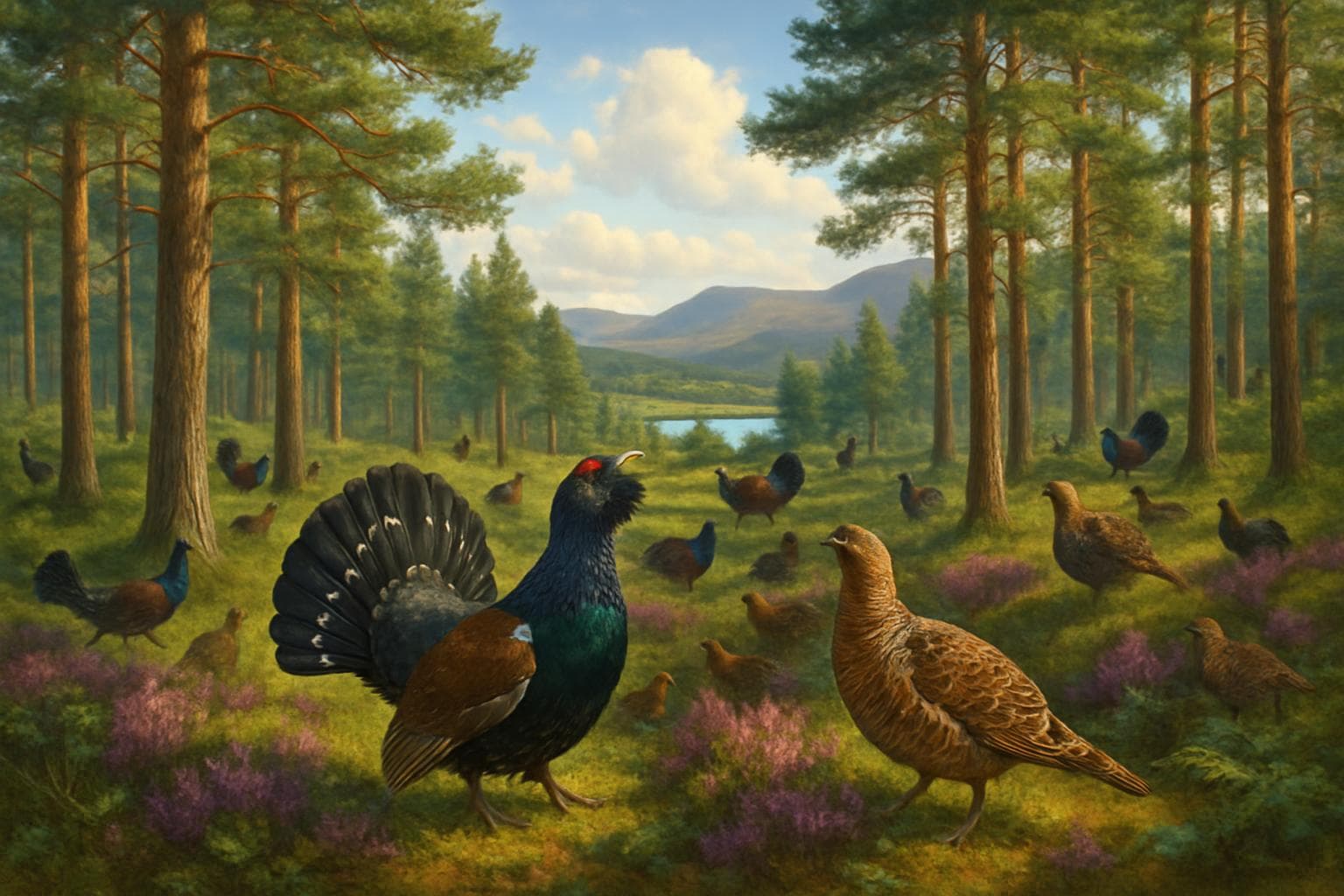 Capercaillie in lush pine forest of Scottish Highlands