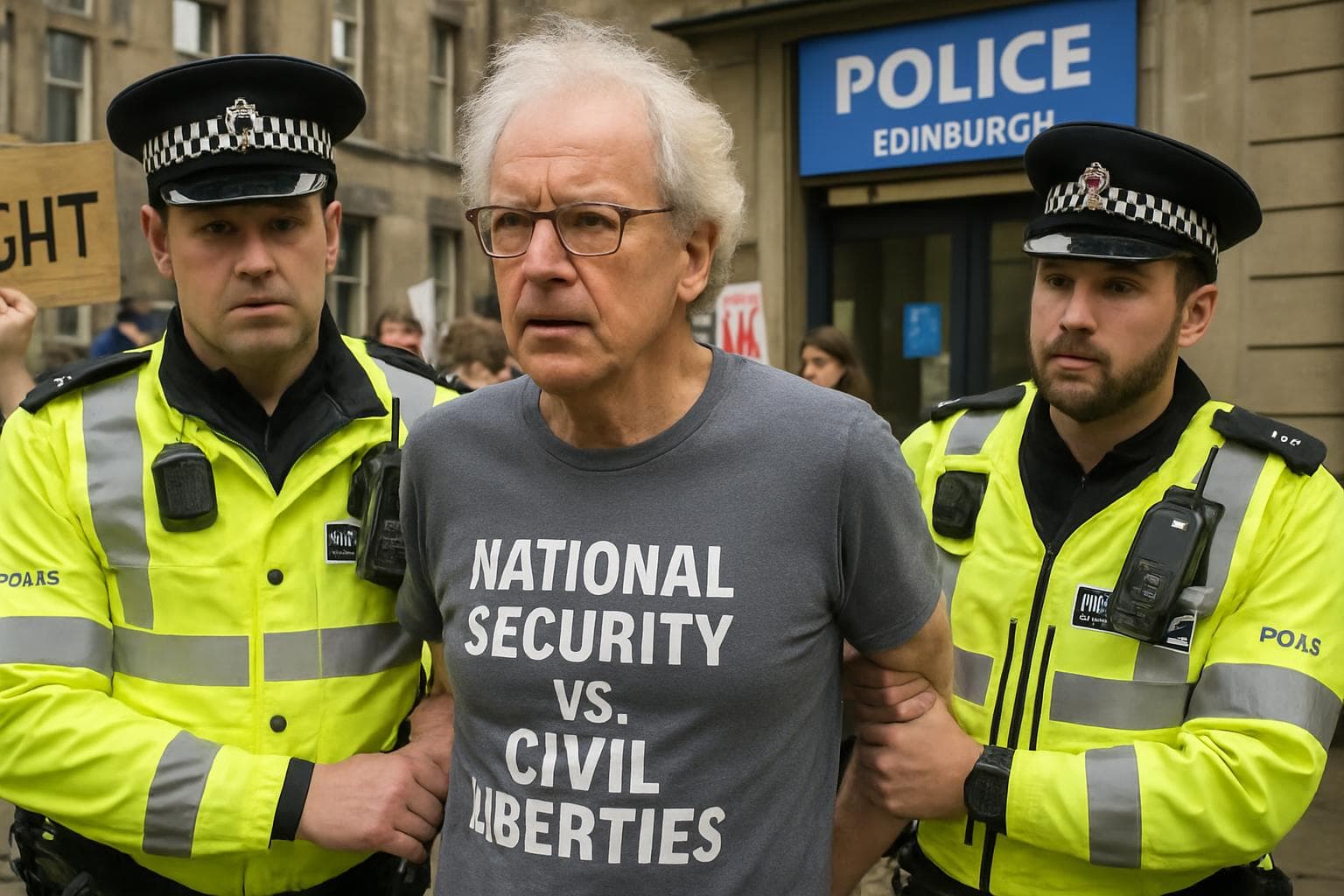Elderly man in T-shirt arrested by police at protest