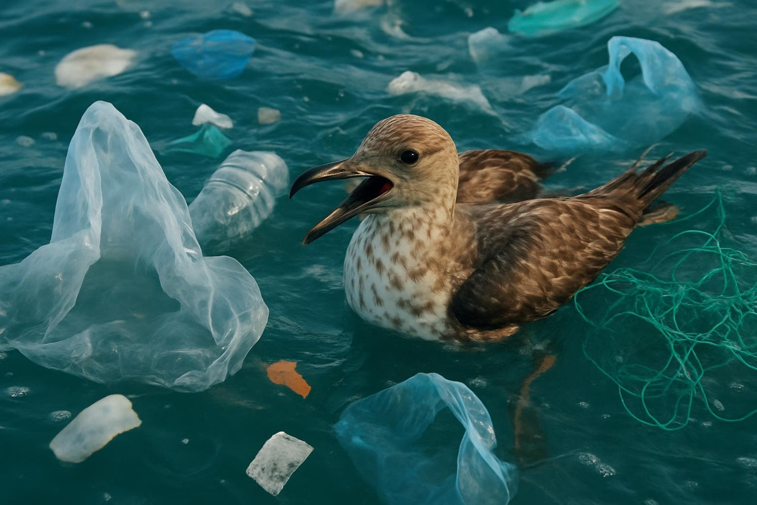 Seabird surrounded by floating plastic debris in the ocean