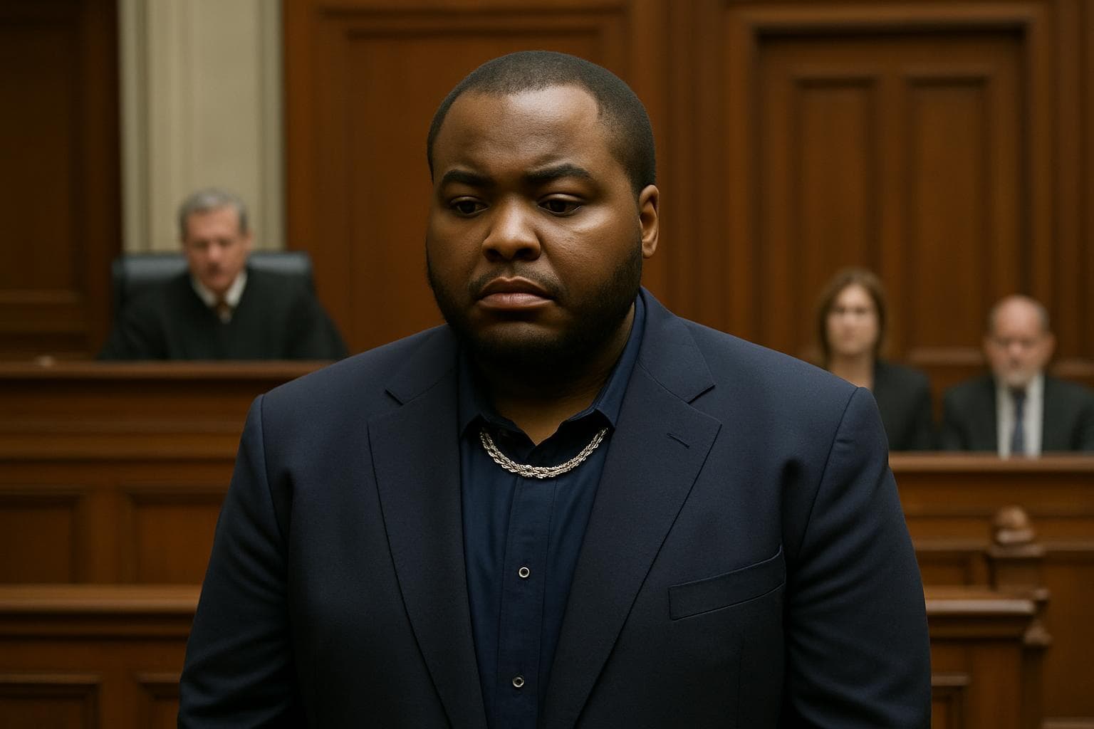 Sean Kingston in courtroom with somber expression