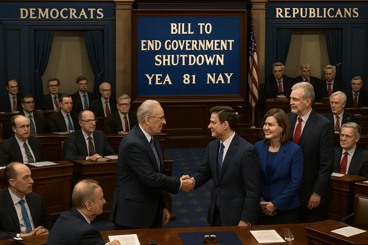 Senate chamber with Democrats and Republicans during late-night session
