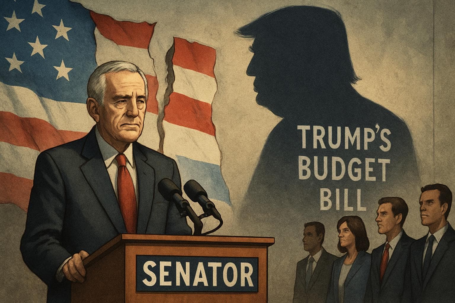 Senator at podium with torn bipartisan flag and shadow