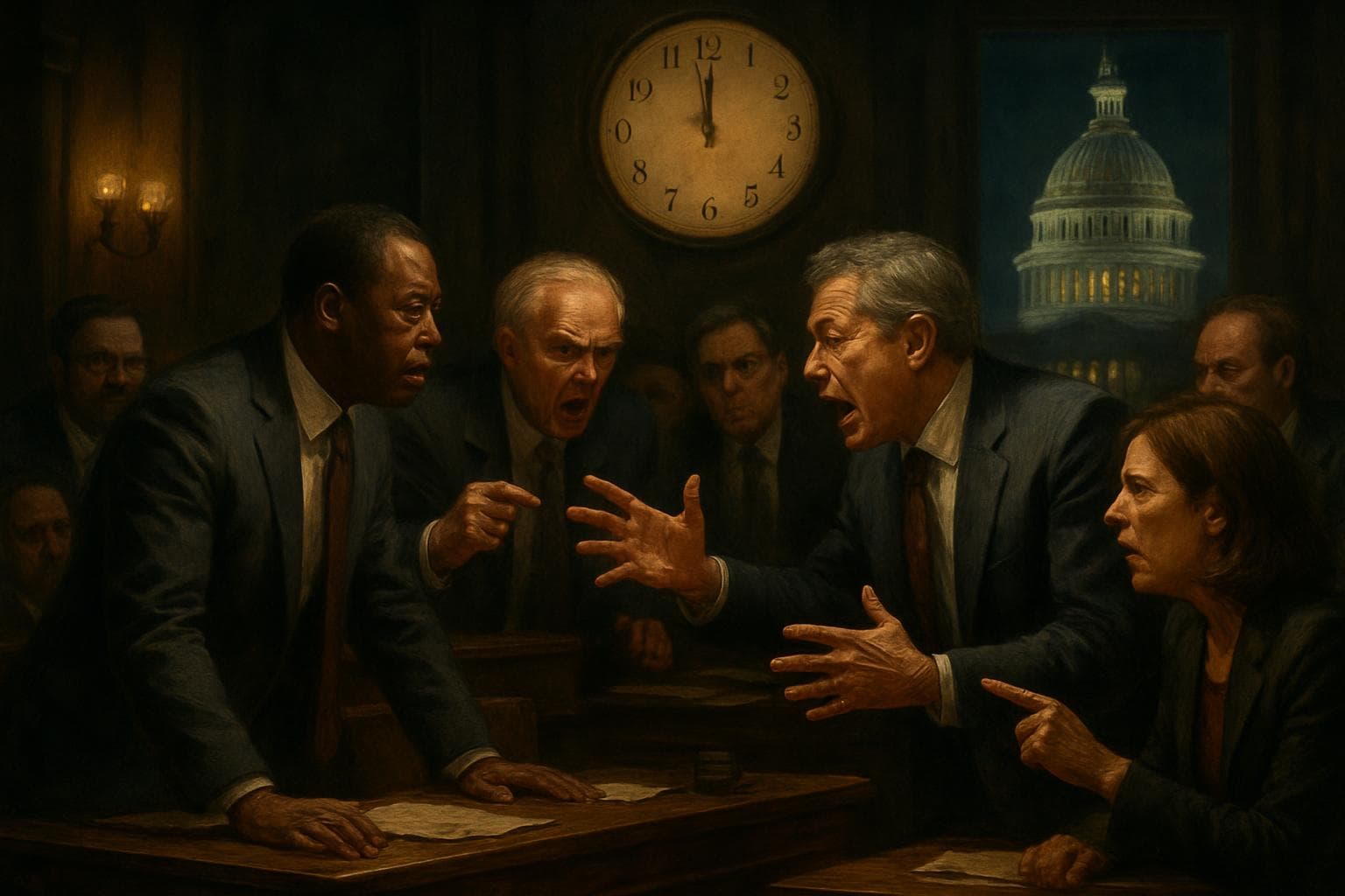 Senators arguing in a dimly lit chamber with US Capitol