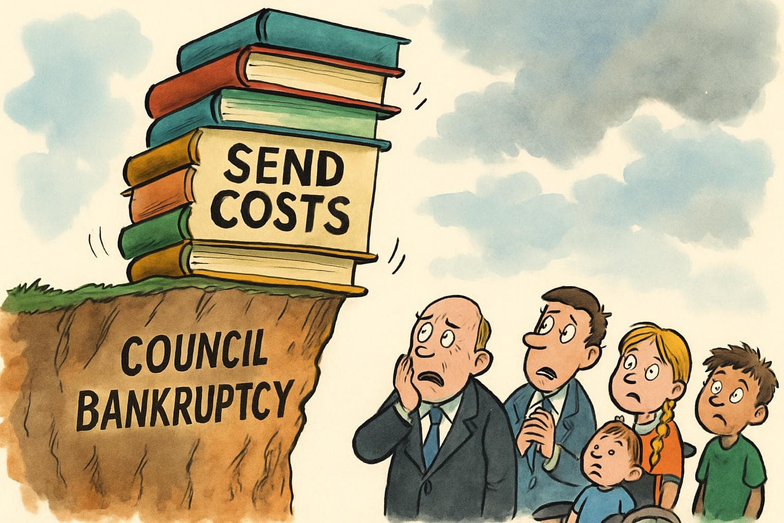 Pile of schoolbooks labeled SEND Costs near a cliff edge