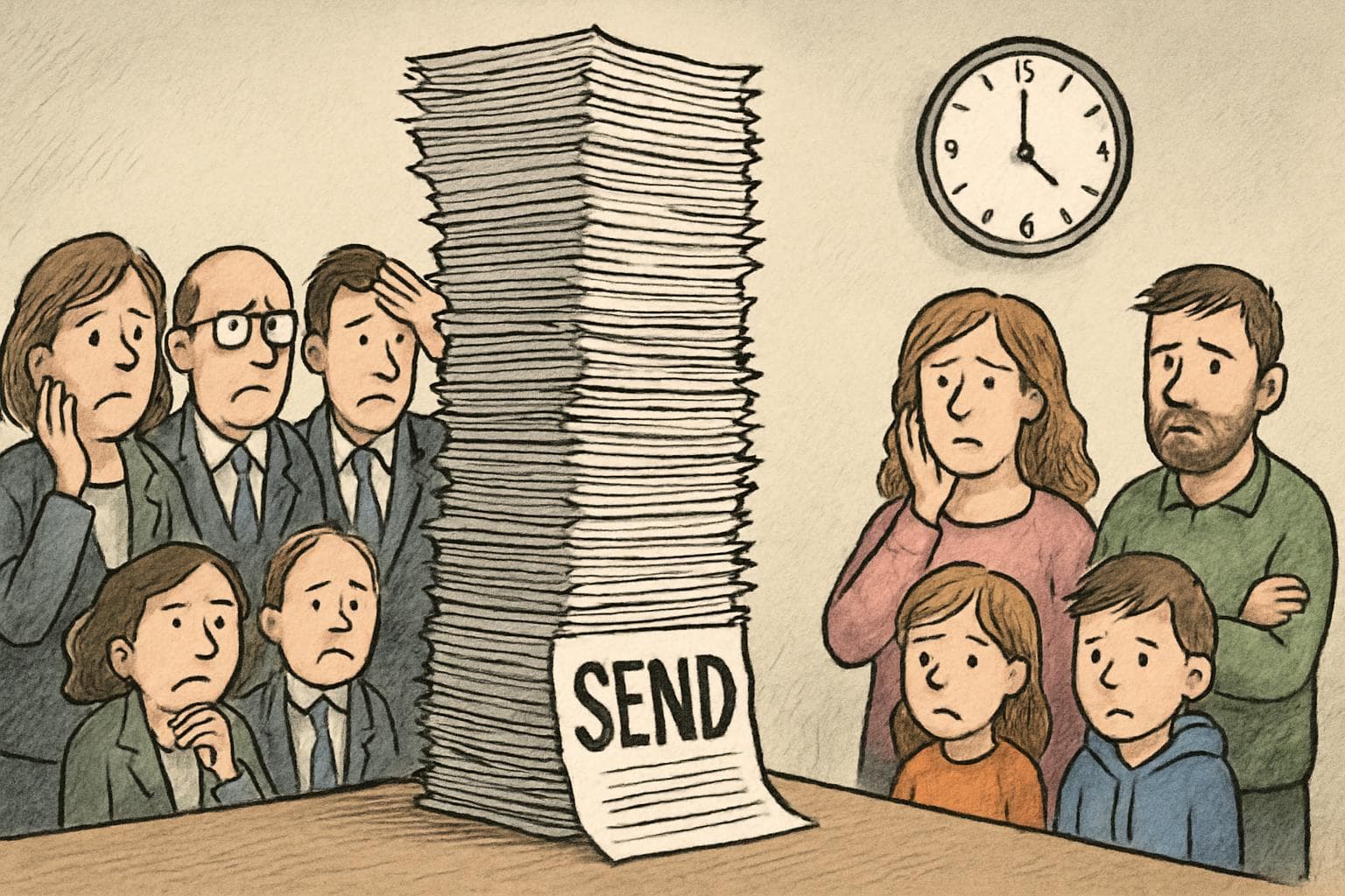 Council officials with SEND plans and worried parents nearby